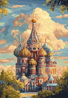 DIY Cross Stitch Kit for Beginners Easter Egg Pattern with Russian Orthodox Church 11CT Embroidery Kit with Pattern Stamped Count by Numbers Craft Kit 30x40cm-2