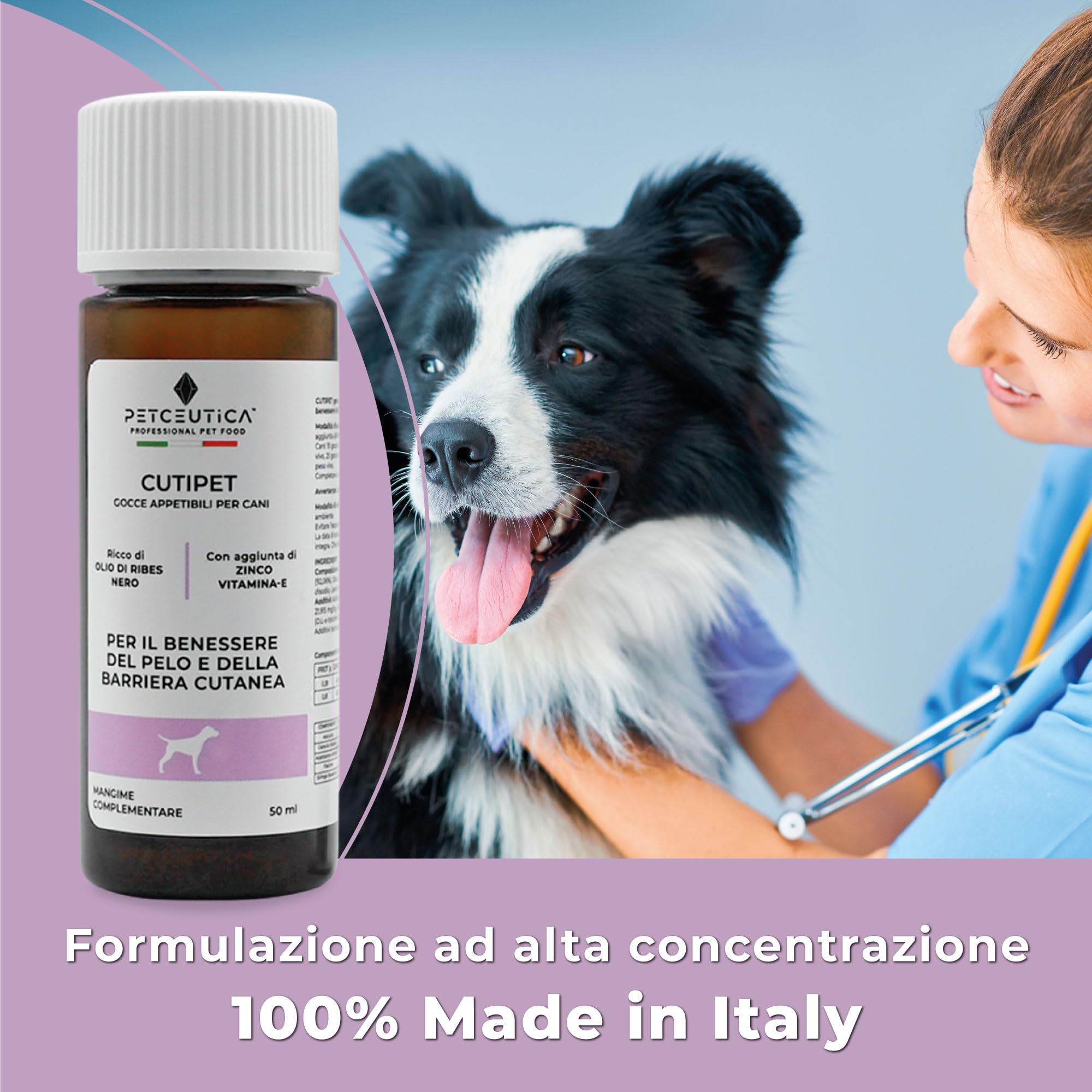 PETCEUTICA CUTIPET Integratore per Pelo Cane 50 ml, Olio di Ribes Nero, Zinco, Biotina, Gocce, Bianco, Made in Italy, con Siringa Dosatrice