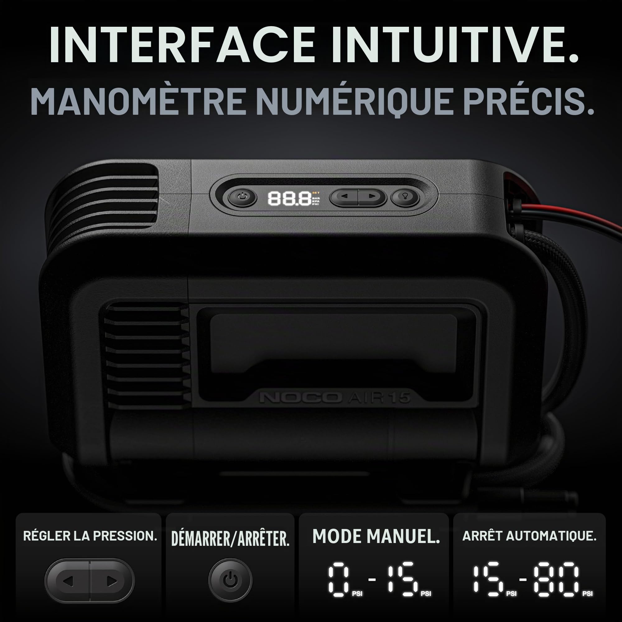 NOCO AIR15: Gonfleur de pneu UltraRapide 15A – Compresseur d’air portable 12V – Débit 44 SLPM – Gonfle de 0 à 40 PSI en 2,9 min – Manomètre numérique + arrêt automatique