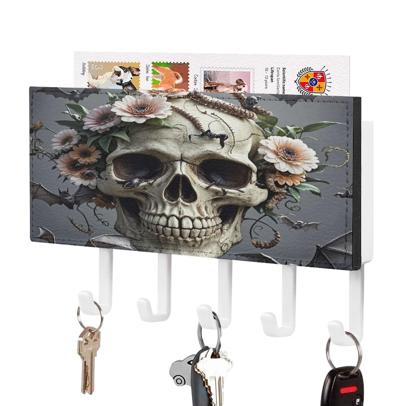 Fekiloot White-Style Skull Flower Key Holder Wall Mount Key And Mail Holder Key Hanger With 5 Hooks Decorative Pu Key Rack Hanging Key Hooks For Wall Living Room Kitchen Bathroom Hallway