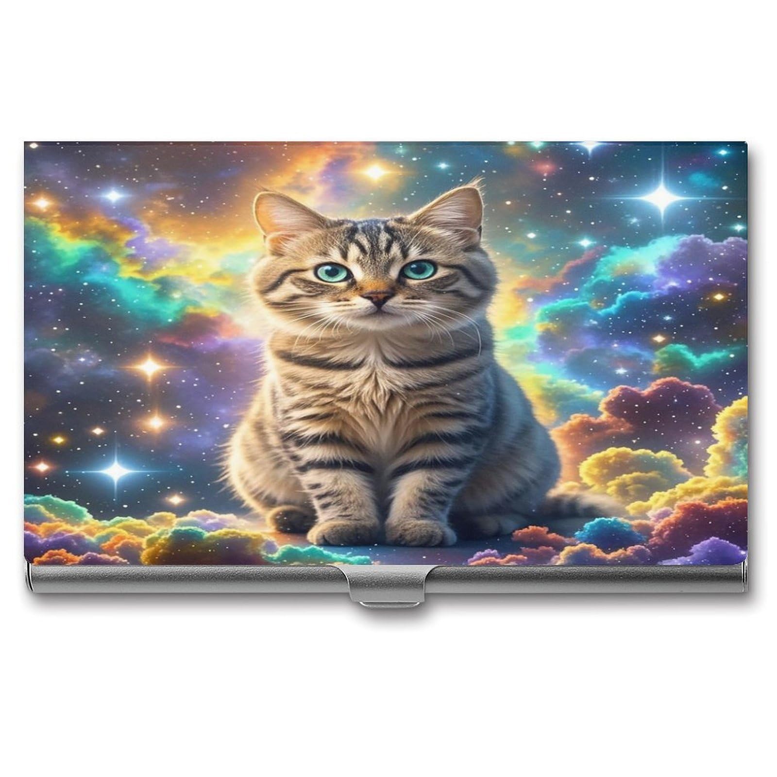 FekiLoot Cat Sitting Inside Nebula Business Card Holder Aluminum Alloy Business Card Case Convenient to Carry Business Card Dispenser for Men Women