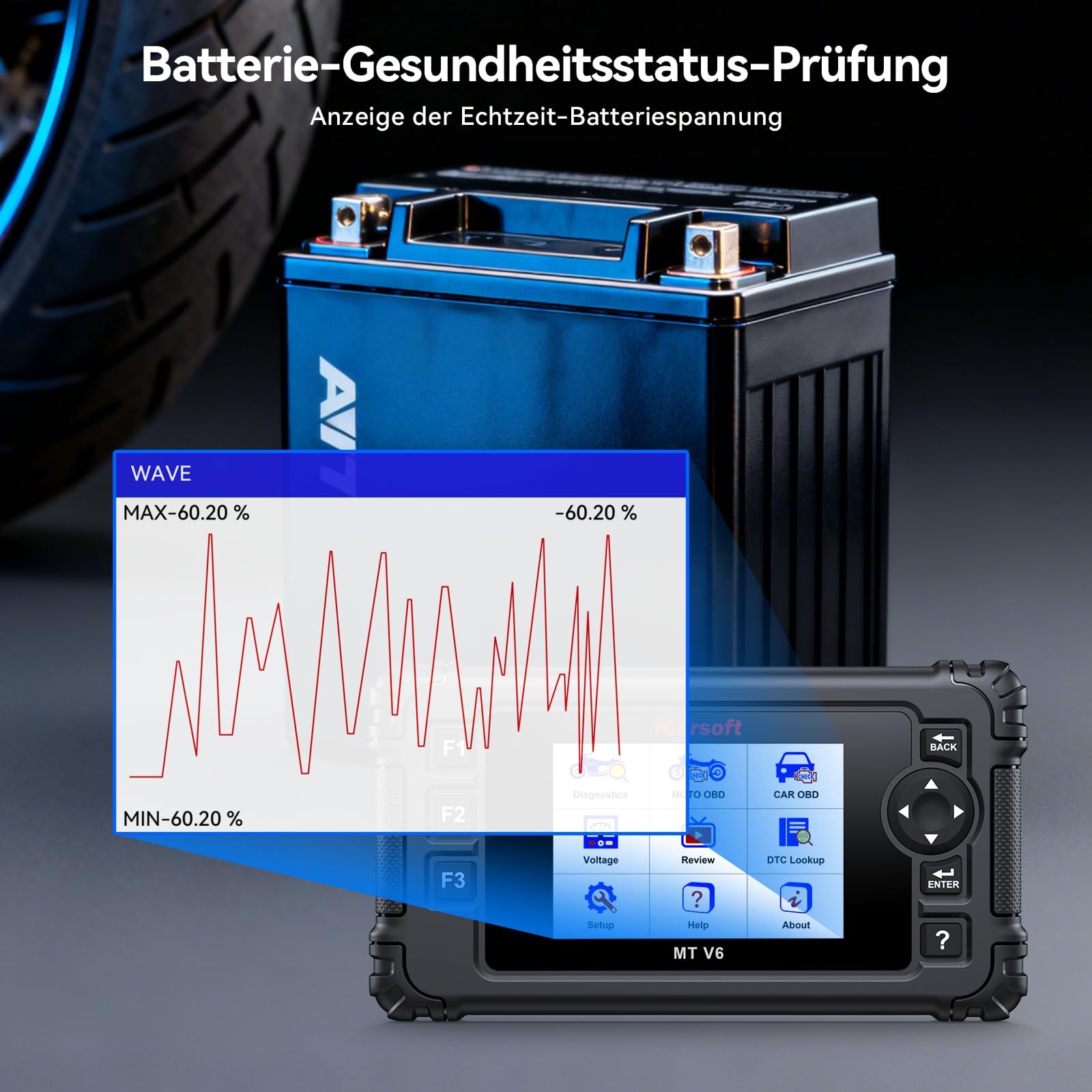 iCarsoft MT V6 Motorrad Diagnosegerät für Triumph, OBD2 Diagnosewerkzeuge für Motorräder mit Komplettsystem Auslesegerät 53 Service 55 Bidirektionaler Test AutoVIN Batterietest Lebenslange Updates