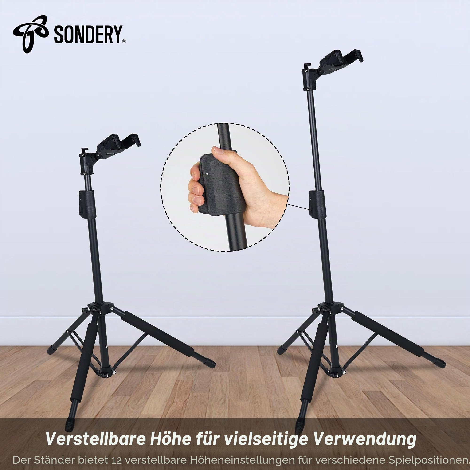 Sondery Gitarrenständer - Klappbar, Höhenverstellbar, Selbstsperrendes Dreibein - Für alle Oberflächen