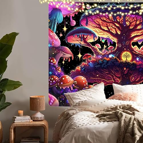 Miniatura 6 de LZBXBXDA Tapiz de hongos con luz negra, tapiz de plantas de fantasía, tapiz de hongos que brilla en la oscuridad, tapiz de luna de luz negra,