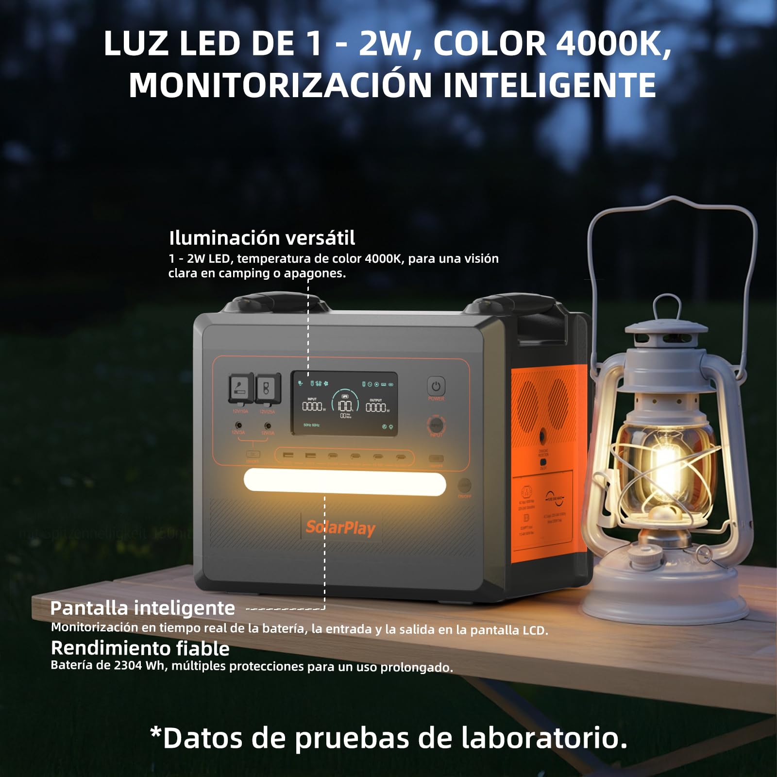 SolarPlay Q2402M Estacion de Energia Portatil,2304Wh LiFePO4,Salidas de AC de 2500W(Pico de 5000W) Generador Solar Portátil acampar al aire libre,para Viajes,Corte de Energía,Panel 200W.