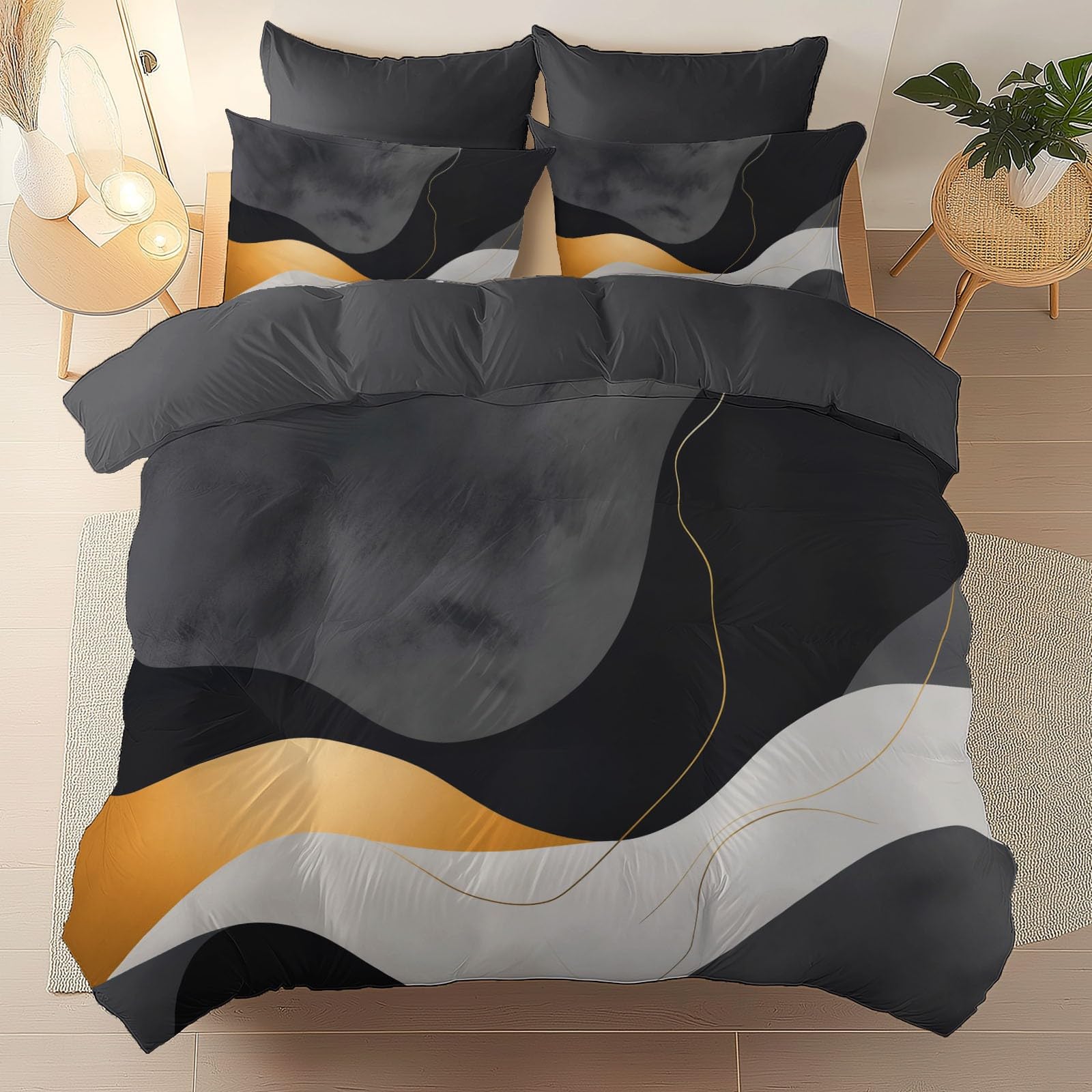 Zestaw pościeli Modern Linesluxuryart miękki nadruk zestaw pościeli szczotkowana mikrofibra poszewka na kołdrę z poszewkami na poduszki 260 x 220 cm prezenty dla mamy sypialnia dekoracja szary