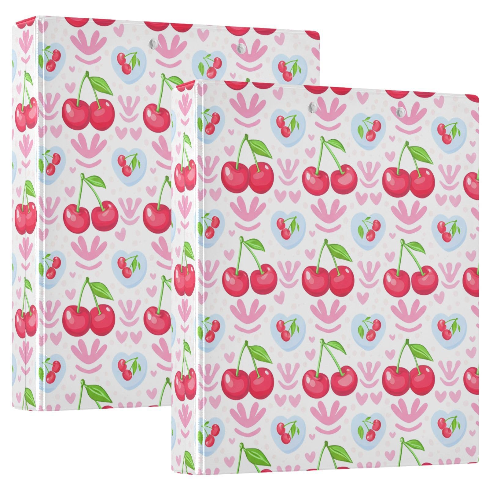 Raccoglitore ad anelli con 3 anelli, 3,8 cm, motivo ciliegie e cuori, con clip in metallo, formato A4, organizer per casa e ufficio, confezione da 2