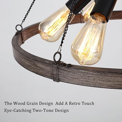 Miniatura 6 de Candelabro de rueda de vagón de 6 luces, moderna lámpara de granja para comedor, lámpara colgante redonda industrial rústica de 23.6 pulgadas para