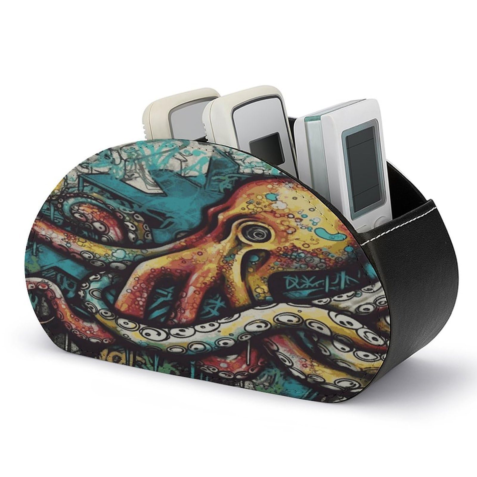 FekiLoot Color Graffiti Octopus Remote Control Holder with 5 Compartments Multi-functional TV Remote Caddy Organizer Leather TV Remote Holder Desktop Organizer Store for Bedside Table Office Desk