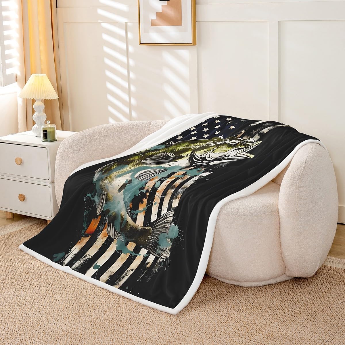 Feelyou American Flag Big Pike Fish Hunting and Fishing Sherpa Blanket Boys Girls Bass Fish Plush Blanket for Bed Sofa Couch Wildlife Fuzzy Blanket Twin 60"x80"