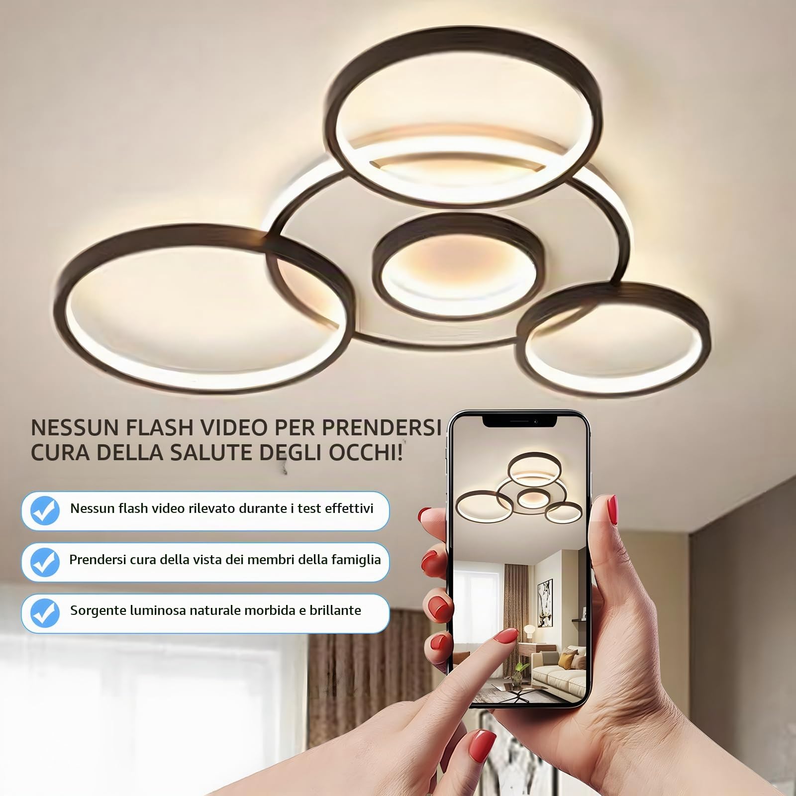 LED Plafoniera Moderna, Ø70cm Lampada Multi Cerchio Nera, 58W Dimmerabile Continuo 3000-6000K, Lampadario Rotondo In Metallo + Acrilico, Camera Letto Soggiorno Bambini Ufficio Studio(5 Anelli)