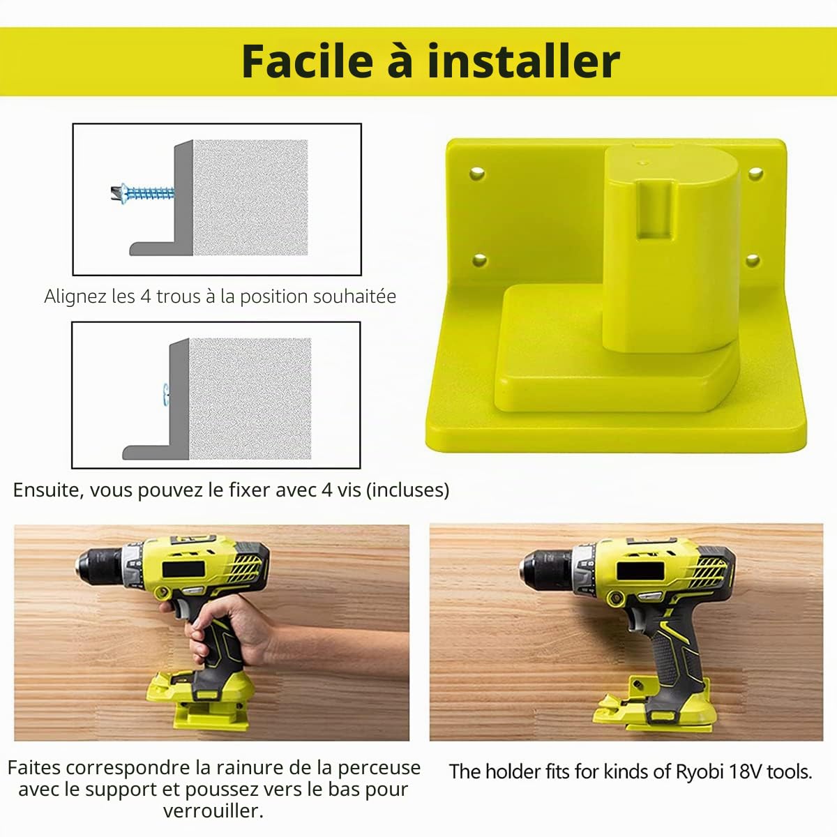Lot de 5 porte-outils muraux pour batterie 18 V avec vis pour atelier, garage, outils électriques