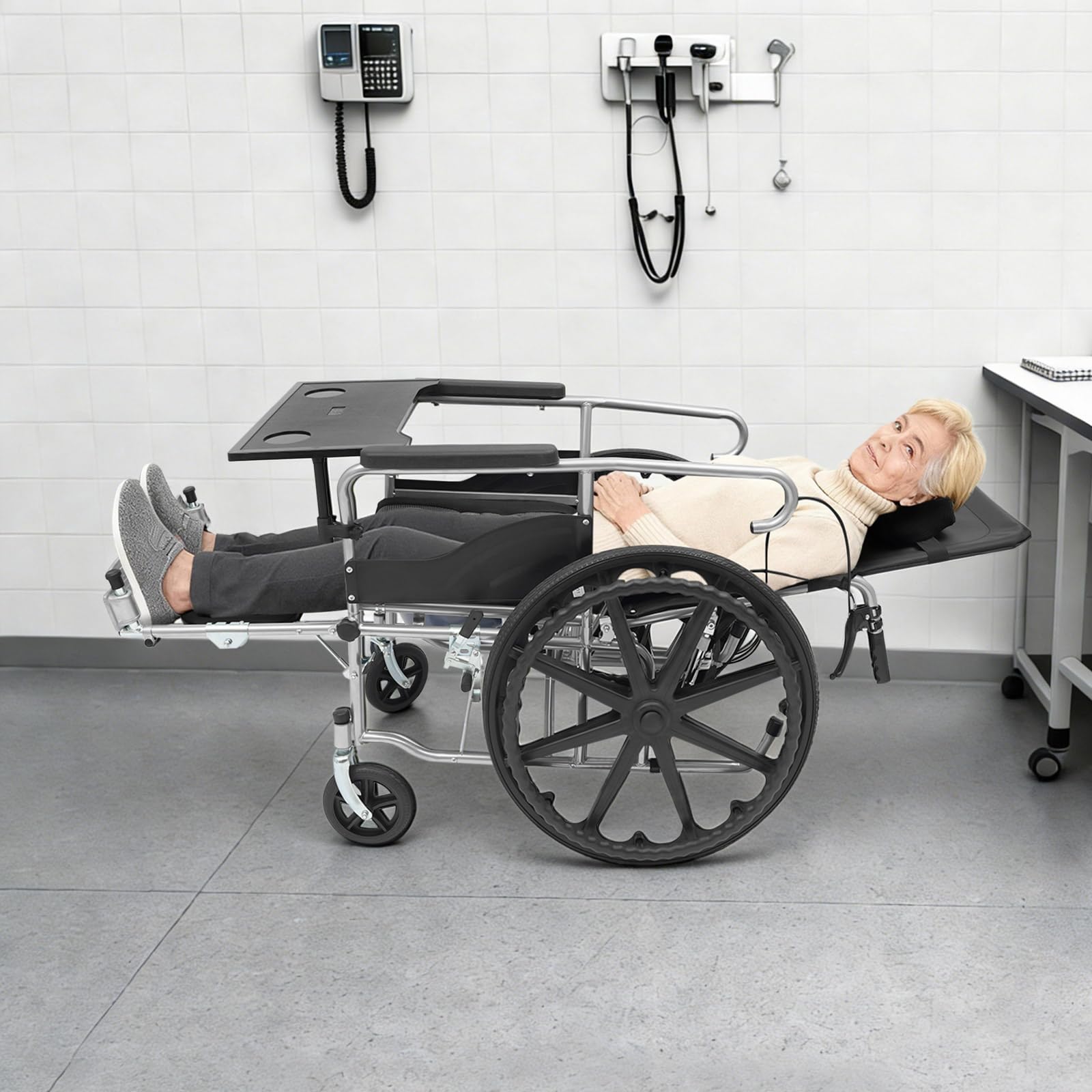 Silla de ruedas reclinable con respaldo de 90 – 180 ° y altura ajustable 89 – 121 cm, silla de ruedas de transporte de hasta 100 kg con protección antivuelco y rueda de freno, silla de ruedas