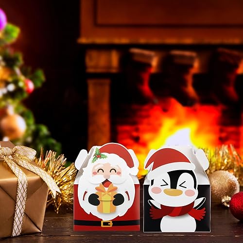 Miniatura 7 de Cholemy 24 cajas de regalo de Navidad 3D de cartón a dos aguas plegables de Navidad con asas, Papá Noel, muñeco de nieve, reno, elfo, alce,