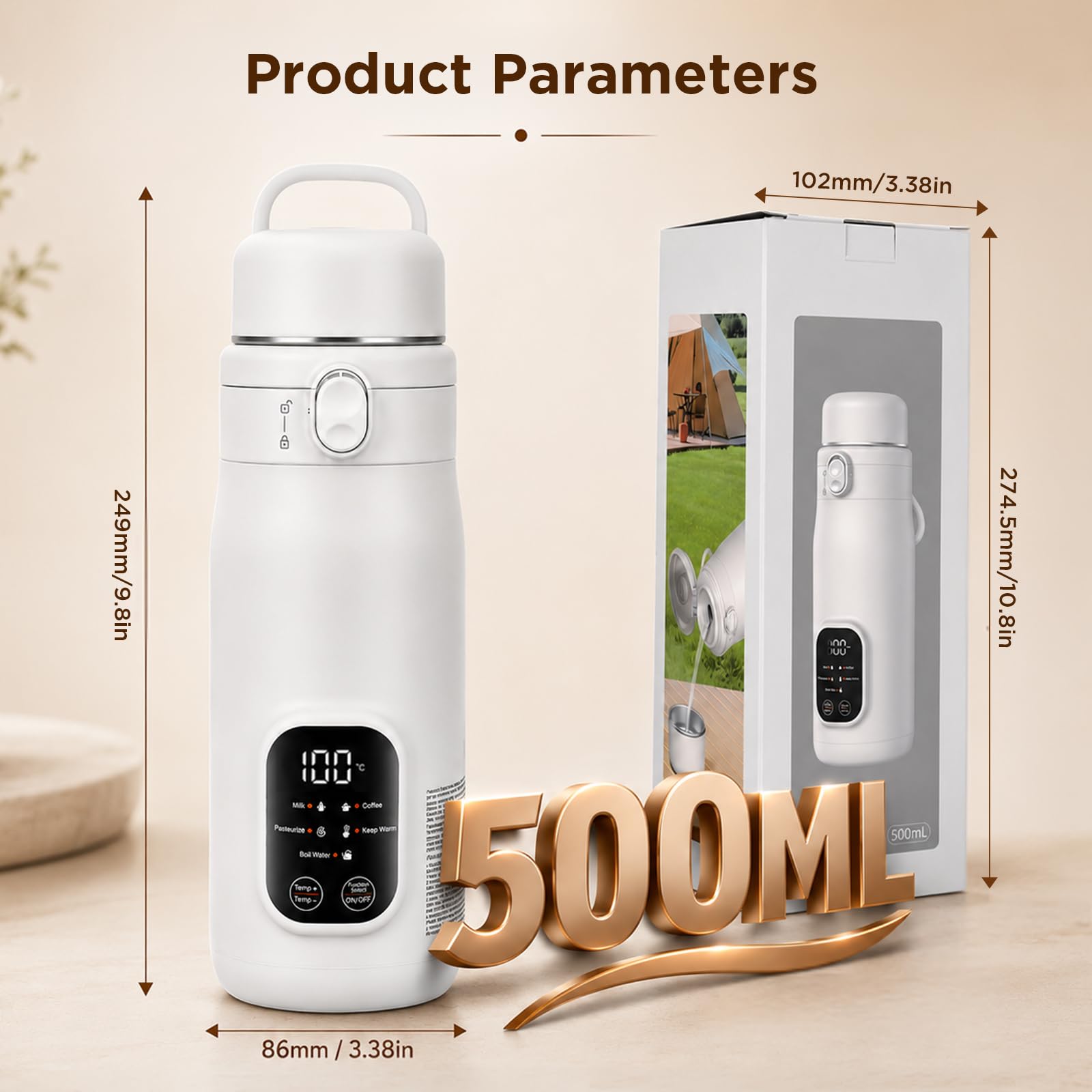 Bouilloire électrique portable 500 ml, 3 types d'alimentation de voiture/USB/prise européenne, 5 réglages de température