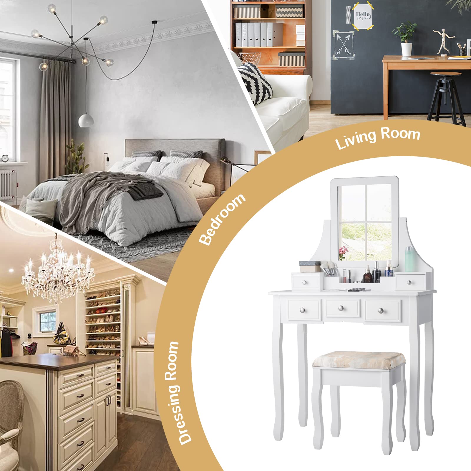 GIANTEX Make-uptafel met draaibare spiegel en verlichting, make-uptafel