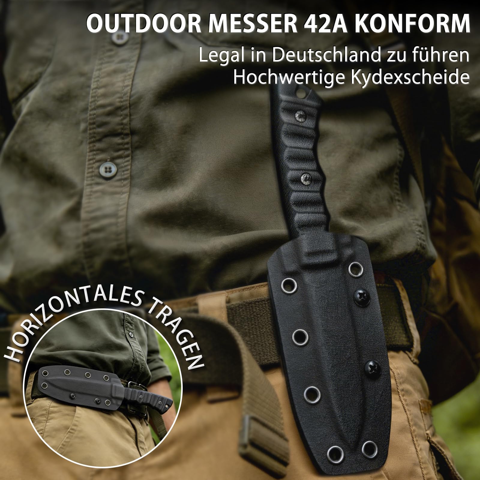 NedFoss BLACK PHOENIX Jagdmesser 42a Konform, 8.5cm D2 Stahl Full Tang Survival Messer mit Verstellbarer Clip & G10 Griff, Outdoor Messer mit Kydexscheide, Legales EDC Feststehendes Messer