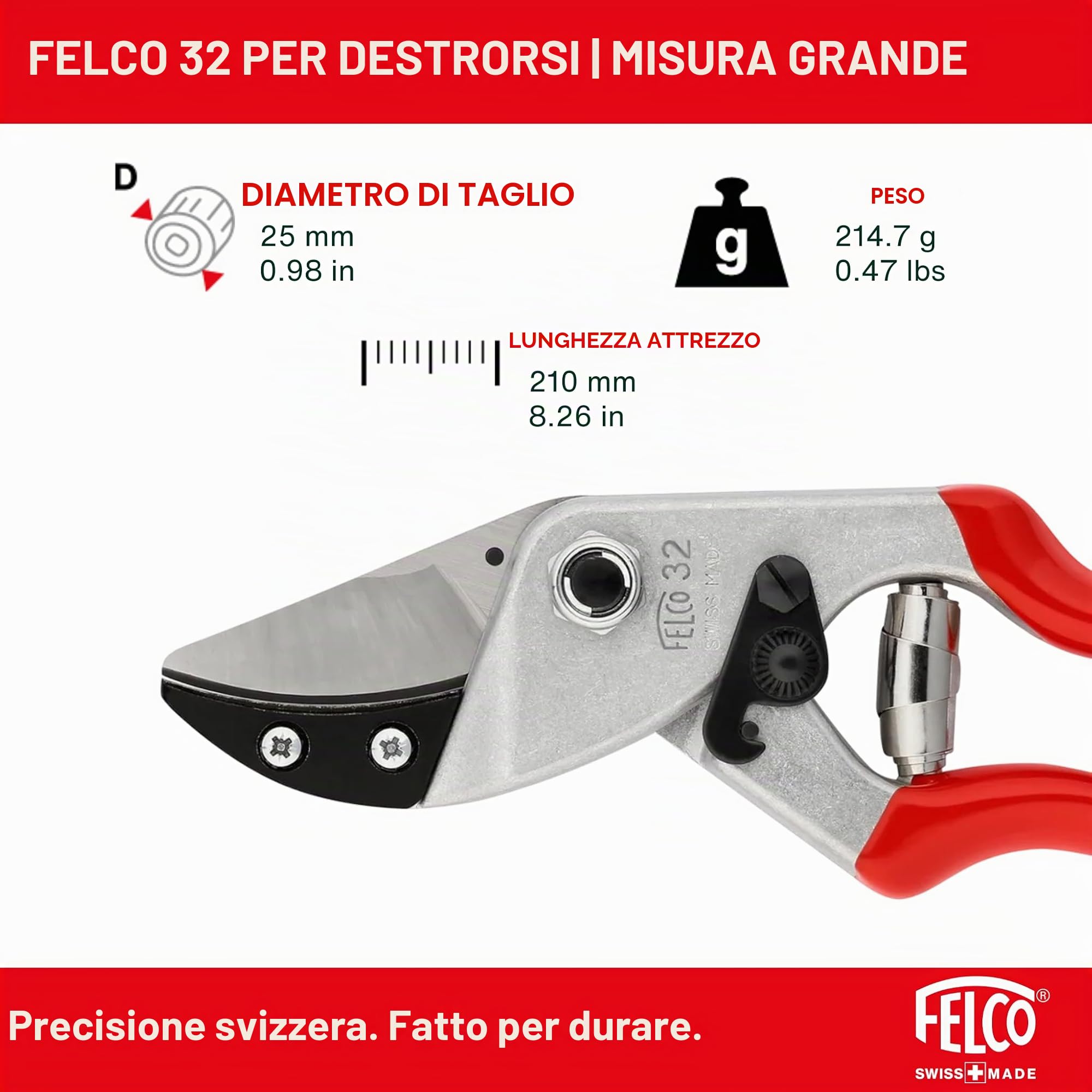 FELCO 32 Cesoia a Incudine, Mano Destra e Sinistra, Mano Grande, Capacità di Taglio 25mm, Lama a Incudine in Ottone Curva, Manici in Alluminio Forgiato, Made in Switzerland, Garanzia a Vita