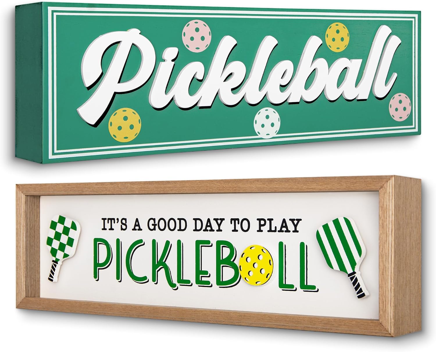 Pickleball Gifts, Pickleball Wall Decor Signs 2 Pack, Green & White 3D Layered Wooden Wall Art Set, Hanging or Tabletop Display