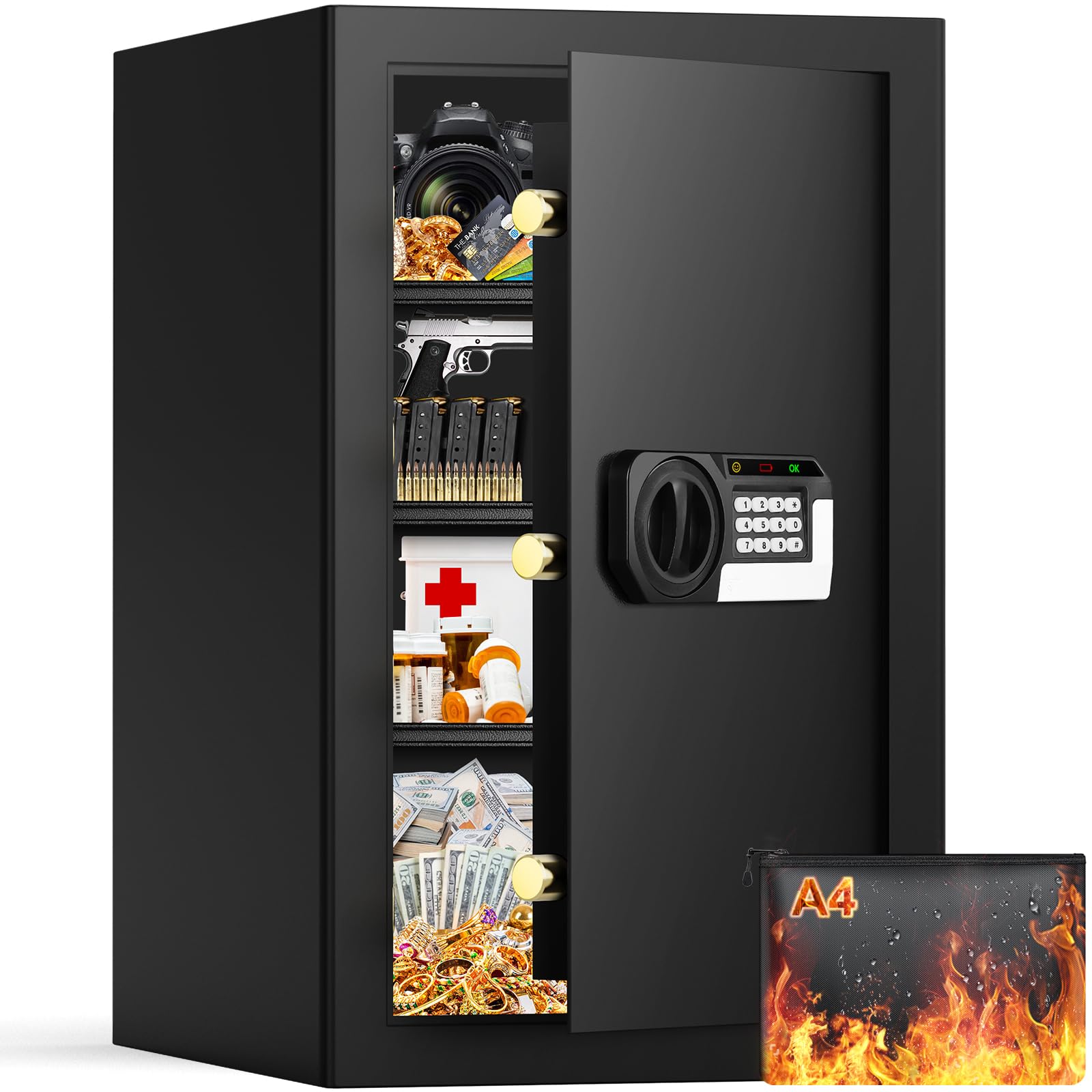 70L Fireproof Safe Safe for Home with Fireproof Waterproof Document Bag, Large Furniture Safe with Alarm System & 3 Removable Shelves, Wall Safe Home Safe for Jewellery Cash Documents