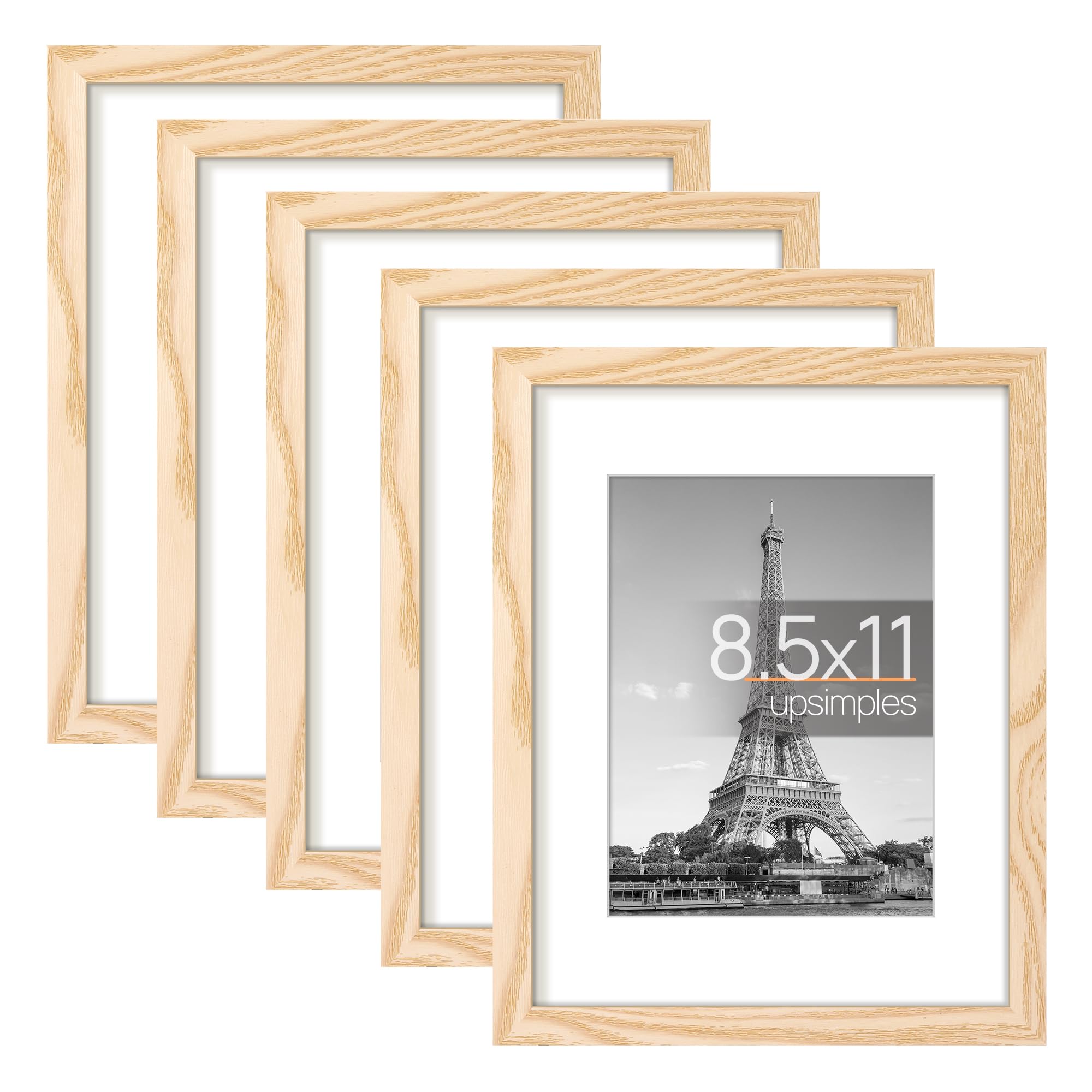upsimples 8.5x11 Picture Frame Set of 5, Display Pictures 6x8 with Mat or 8.5x11 Without Mat, Wall Gallery Photo Frames,Natural