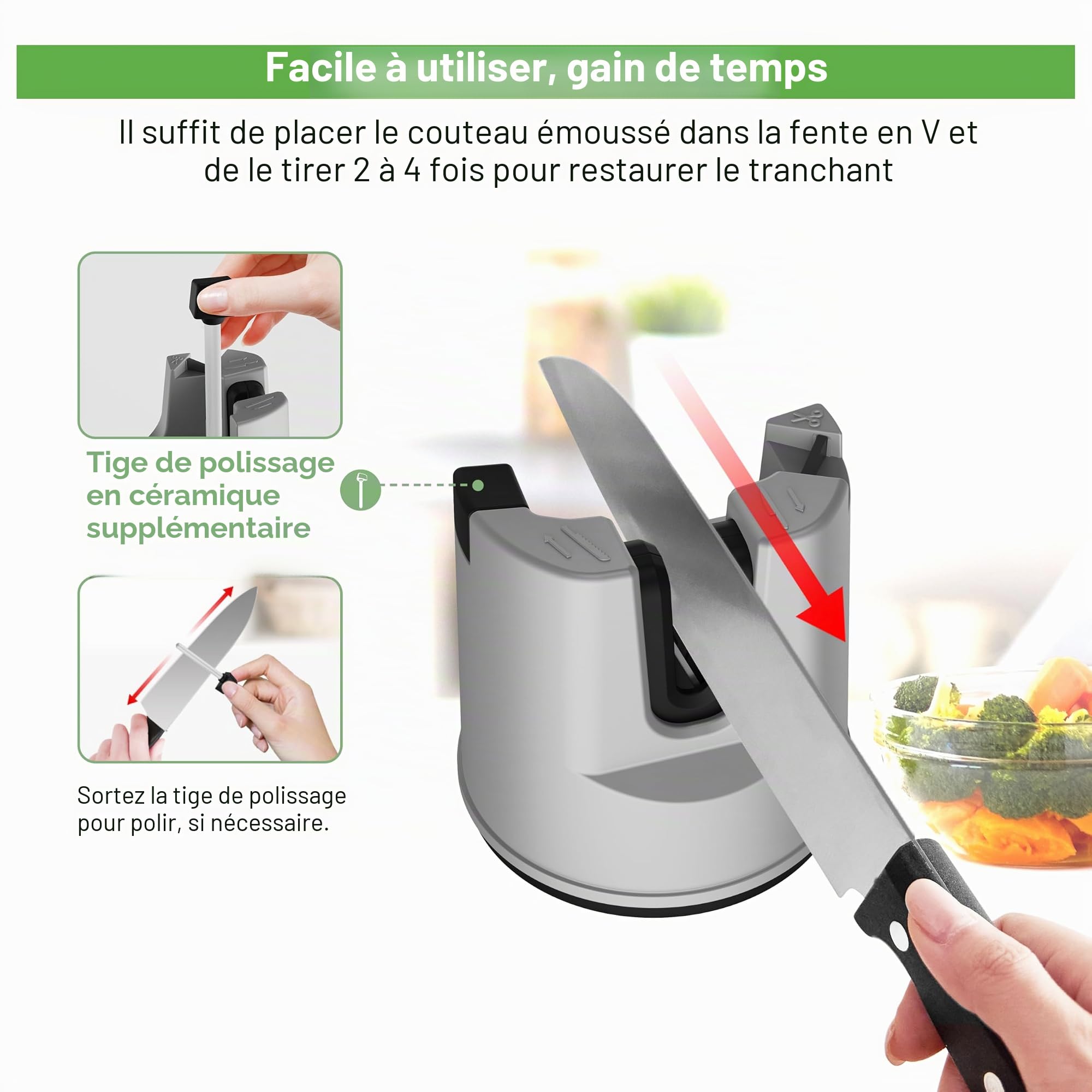 Aiguiseur de couteaux - YOORLEAY Aiguiseur de couteaux à réglage automatique de l'angle pour ciseaux, couteaux droits et dentelés, outil d'aiguisage de couteaux fixes multifonctionnel à ventouse