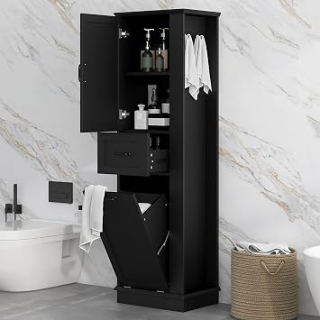 Tall Bathroom Storage Cabinet with Tilt-Out Compartment | MDF board, soft-close doors, aluminum handles, 80 lb capacity, 20.3"L x 13.8"W x 67.8"H, for bathroom or kitchen