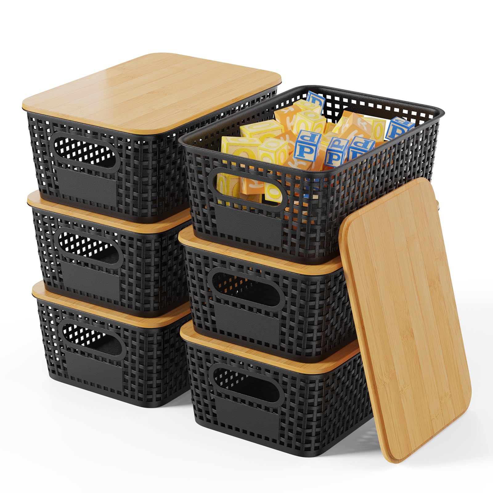 Set Di 6 Cestini Portaoggetti In Plastica Nera Con Coperchio – Impilabili, Con Manici, 25,5x19,2x10,3 Cm, Per Bagno, Ufficio E Dispensa - 6