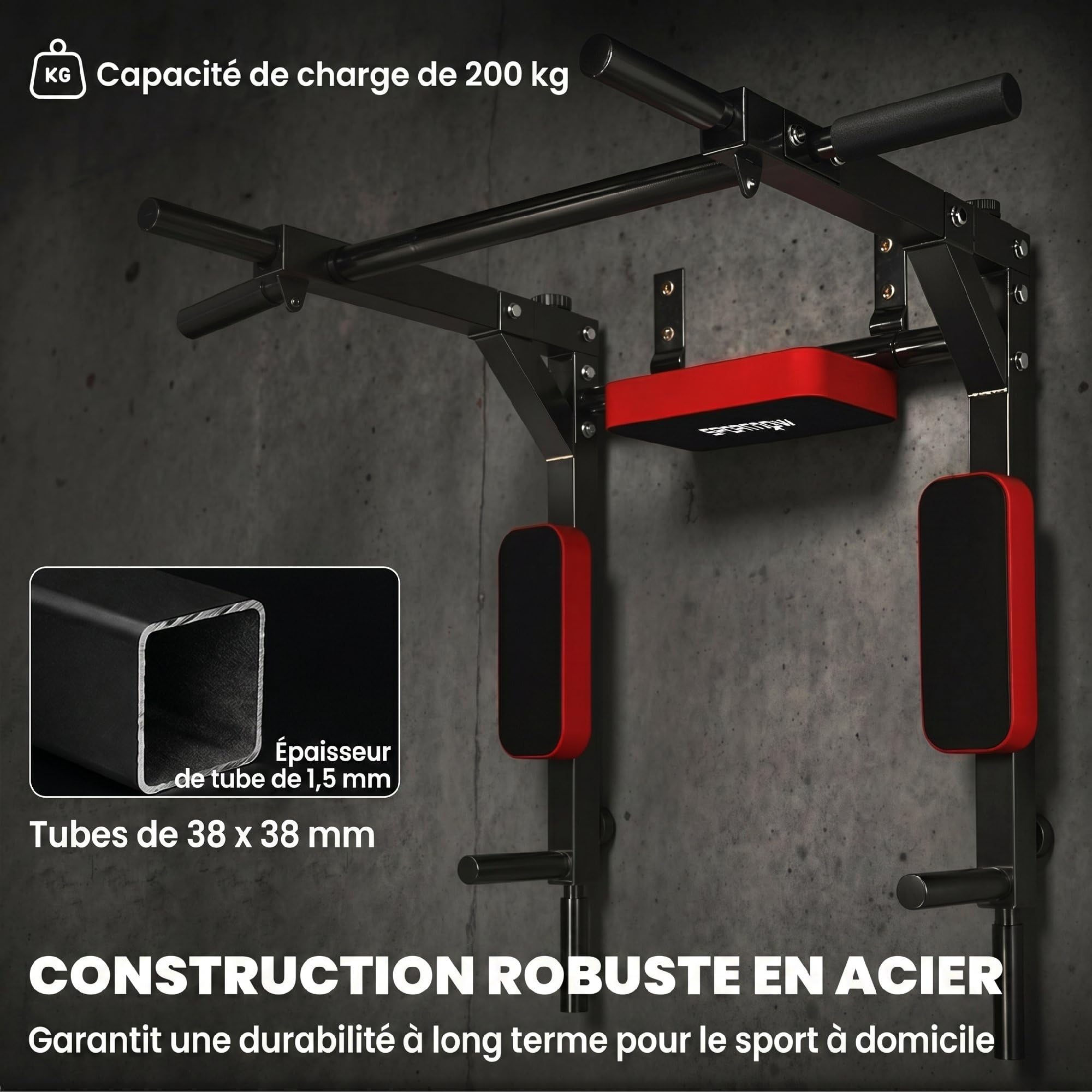 SPORTNOW Barre de Traction Murale 2-en-1, Station à Dips 200 kg Rouge