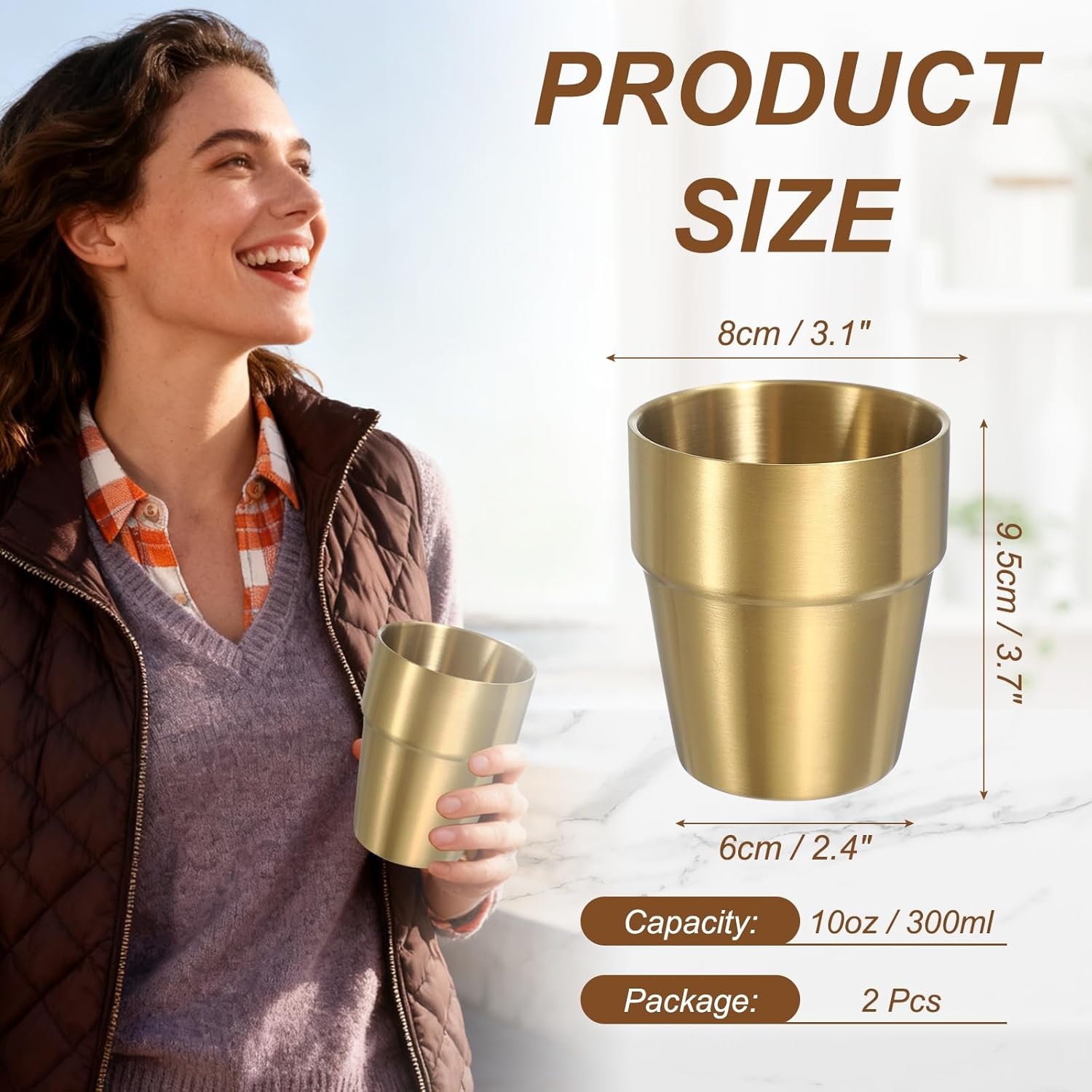 uxcell 2 Pcs Stainless Steel Cups, 10oz/300ml Metal Cups Tiered Structure Insulated Portable Stackable Drinking Tumblers for Home Restaurant Outdoor Travel Camping, Gold - Image 2