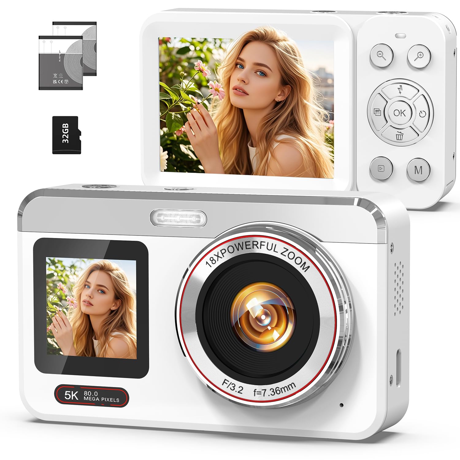 5K Digital Camera with Auto Focus, 80MP Point and Shoot Camera for YouTube, Dual Screen Vlogging Camera for Travel, 18X Zoom Compact Camera for Beginners & Teens with 32GB Card, White-picture-10