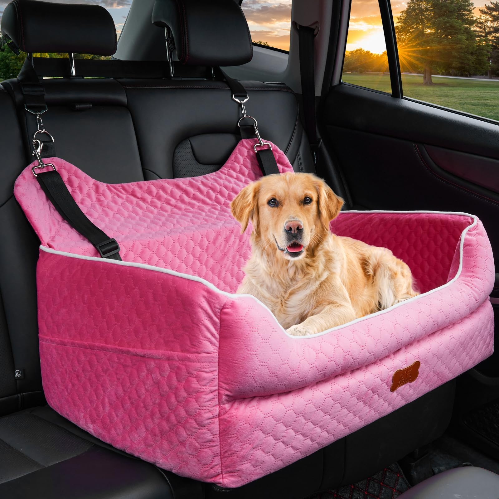 Dog Car Seat Booster with Memory Foam - Secure Strap Installation, Thick Padding & Storage Bag - Heavy-Duty Travel Bed for Large/Medium Dogs up to 24.95 KG or 2 Small Dogs - Washable Car Seat, Pink