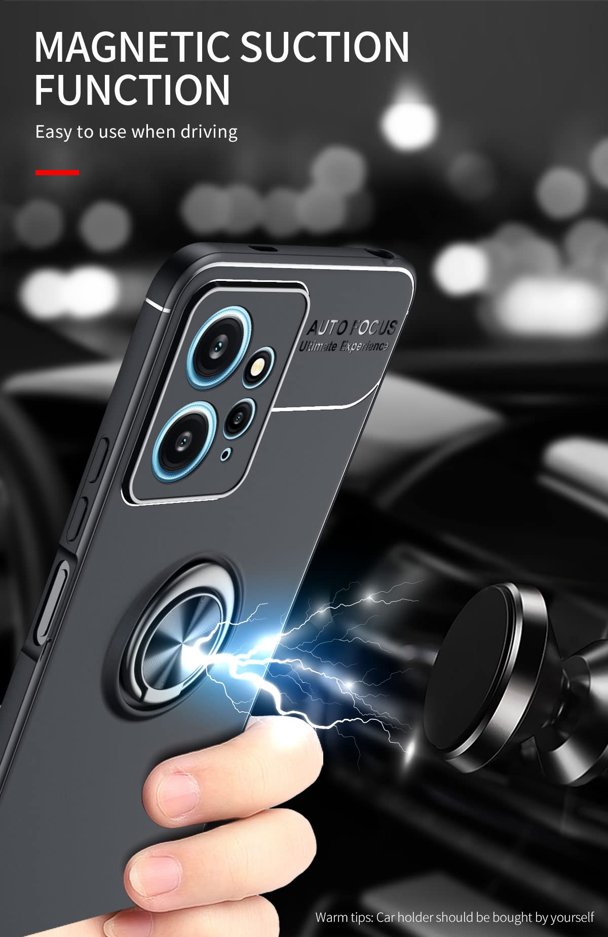 SORAKA Case for Xiaomi Redmi Note 12 with 360 degree rotation Ring Stand Soft Slim Fit Silicone Case Shockproof Anti-fingerprint Case with Metal Plate for Magnetic Car Phone Holder Black