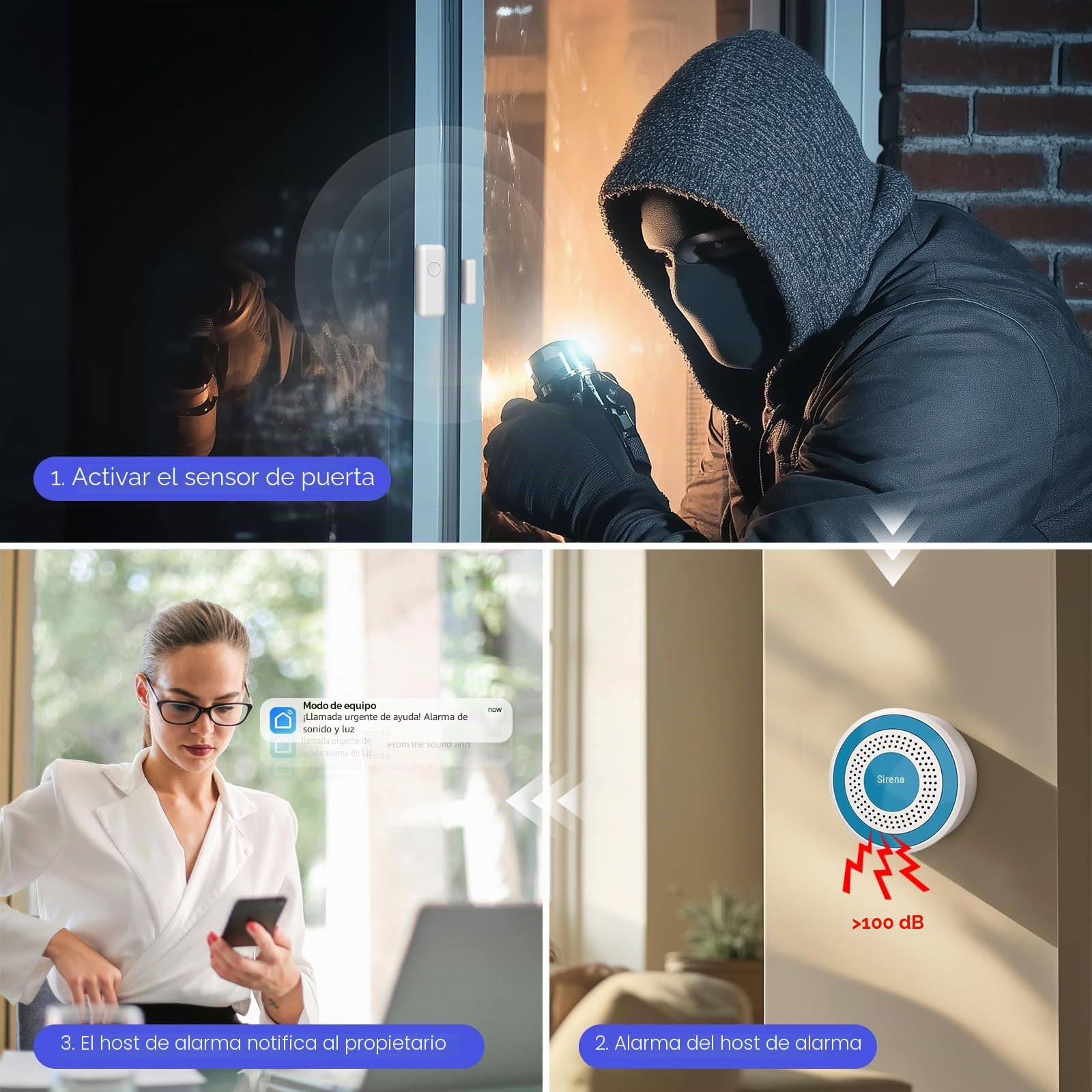 Alarma para Casa, WiFi Sistema de Alarma para Casa, Antirrobo Inalámbrico con 1 Sensores para Puertas y Ventanas, 1 Detectores de Movimiento y 2 Controles Remotos, Compatible con Alexa