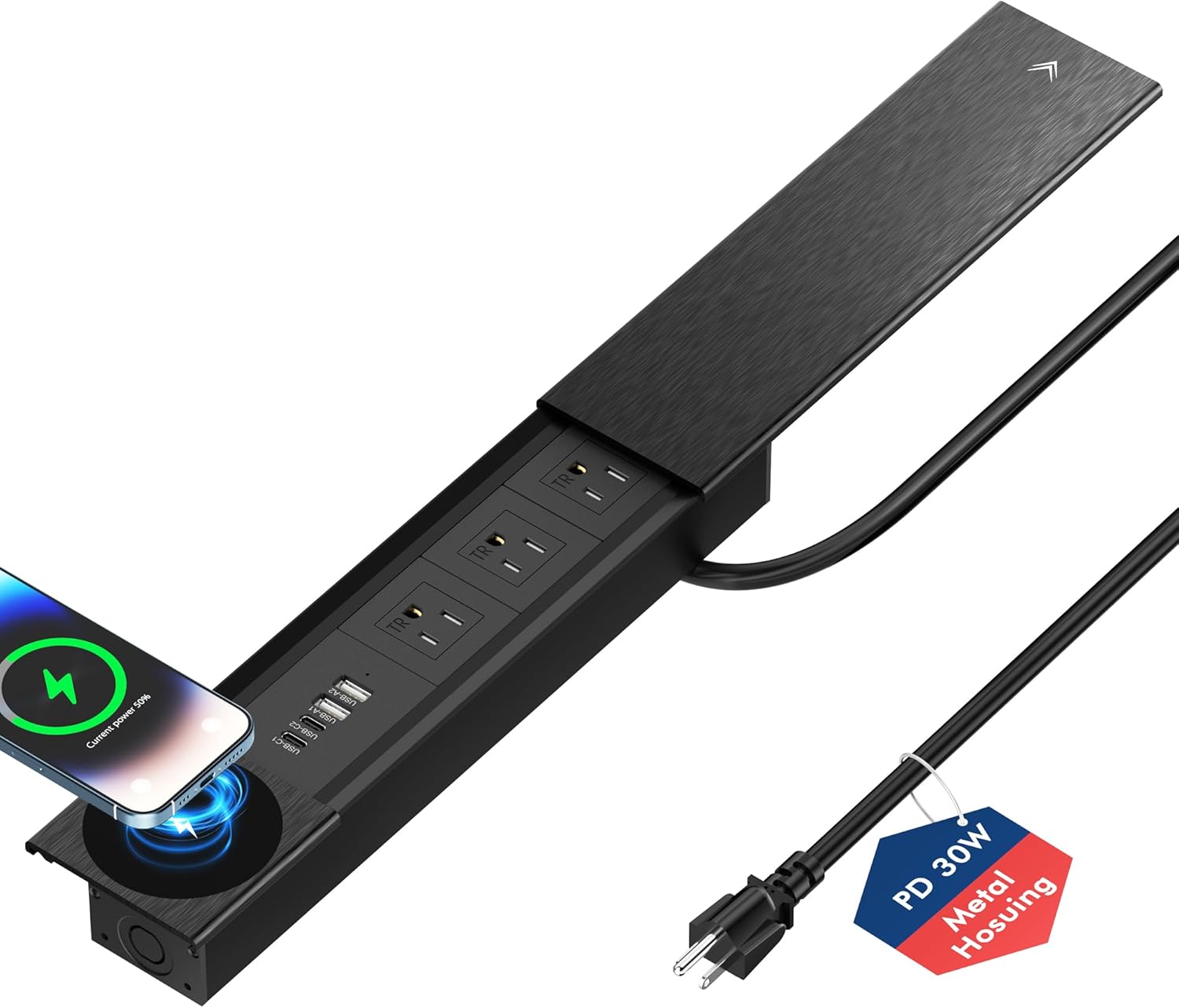 8 in 1 Desktop Recessed Power Strip with 15W Wireless Charger, PD 30W USB C Ports Fast Charging, 18W USB A, 3 AC Outlets, Conference Table Power Hub Outlet with Slide Cover