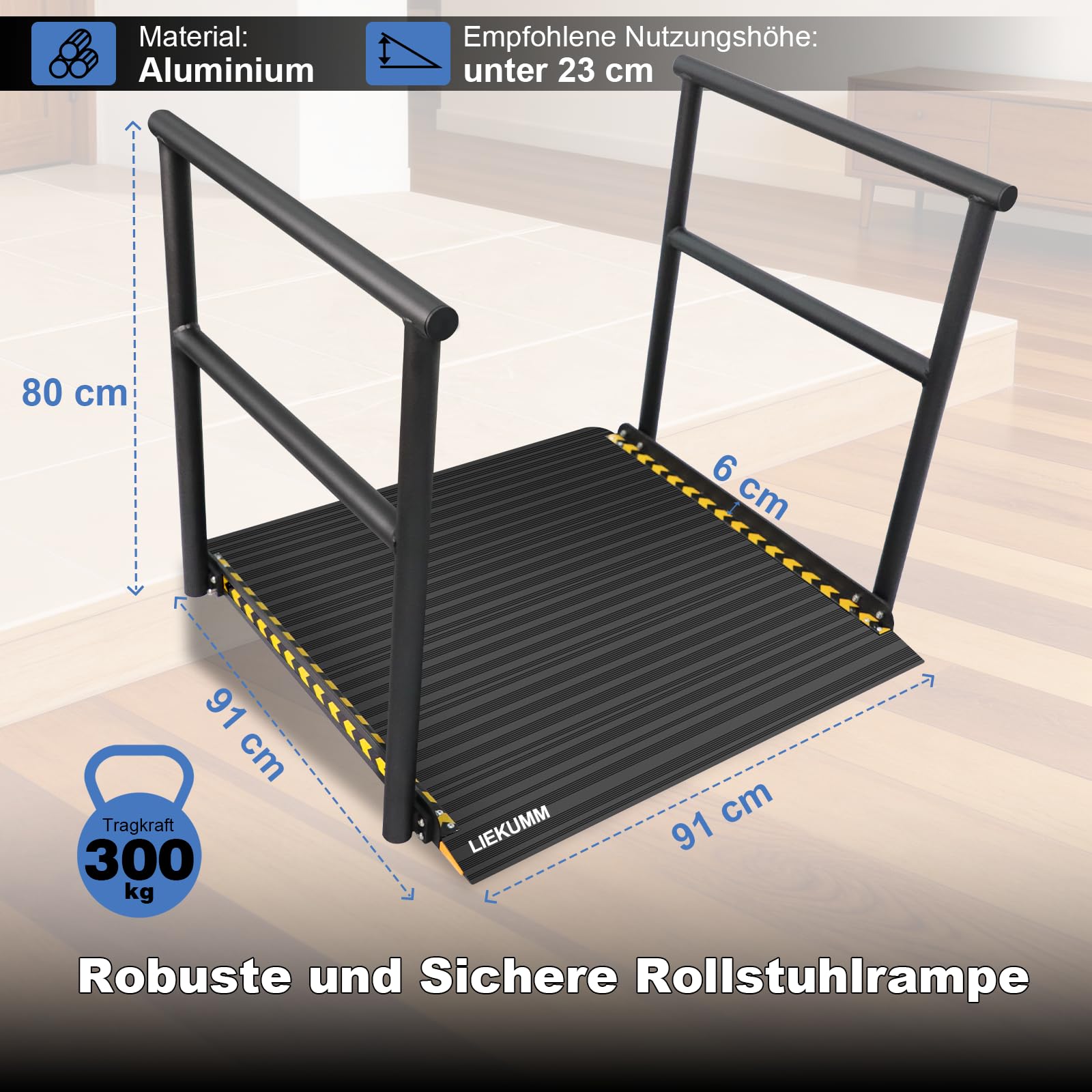LIEKUMM 91cm Rampas para Silla de Ruedas con Barandillas, ALU Antidesliz | Carga máxima 300 kg, Antioxidante Ancha Estable, Adecuada para sillas de ruedas, andadores, 1 a 2 escalones y umbrales negro