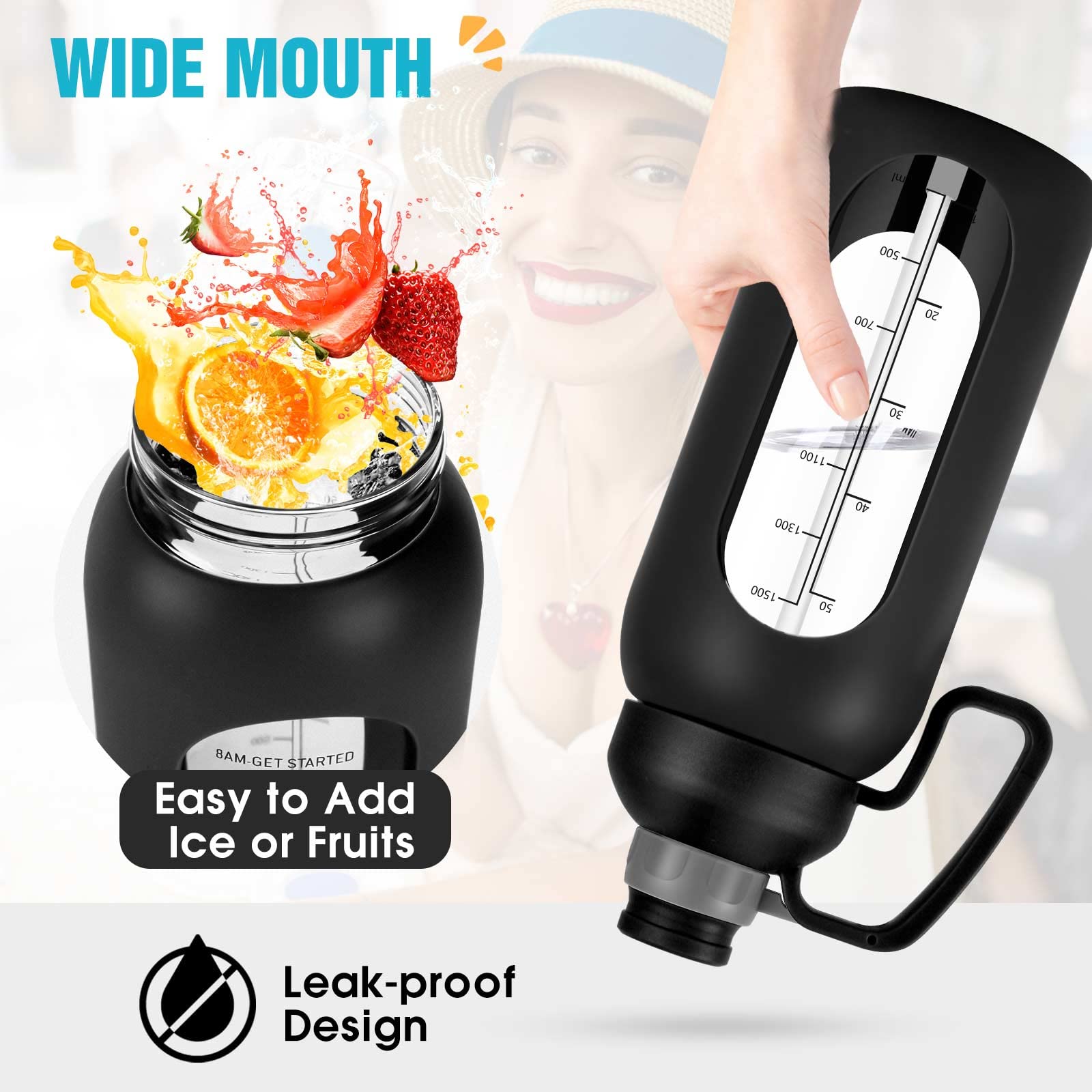 Aqulea Botella de agua de vidrio de 64 onzas con pajita, botella de agua de medio galón con pajita, 2 L, sin BPA, botella de agua grande con aislamiento de tiempo motivacional con asa y funda, botella
