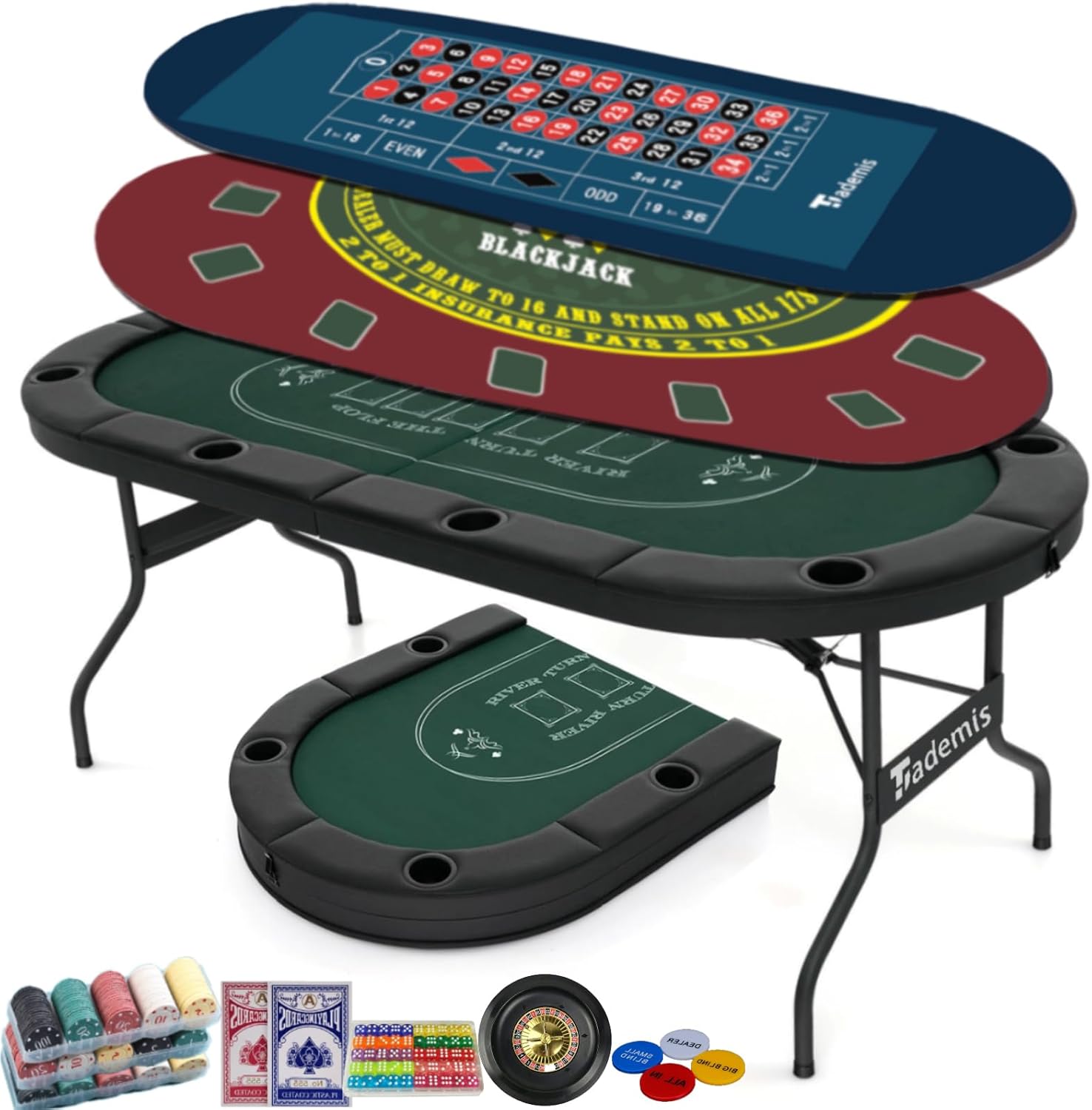 8 Player Foldable Poker Table Top 4-in-1 Casino Game Set for Texas Hold'em, Blackjack, Craps & Roulette, Portable Folding Table Mat with Cup Holders & Full Props for Home Party, Game Night