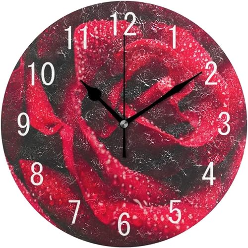 Relojes de pared silenciosos sin tictac de 10 pulgadas, funciona con pilas, caída de rosa roja, para oficina, hogar, baño