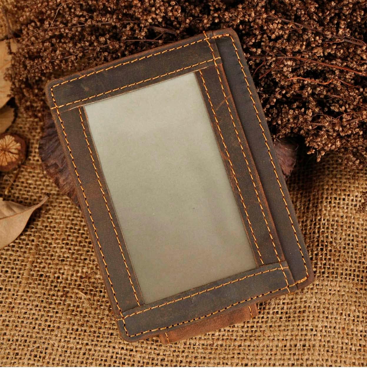 RFID Genuine Leather Money Clip Wallet, Credit Card Case Holder, Front Pocket Slim Wallet, Wild Style (A Brown) image 4