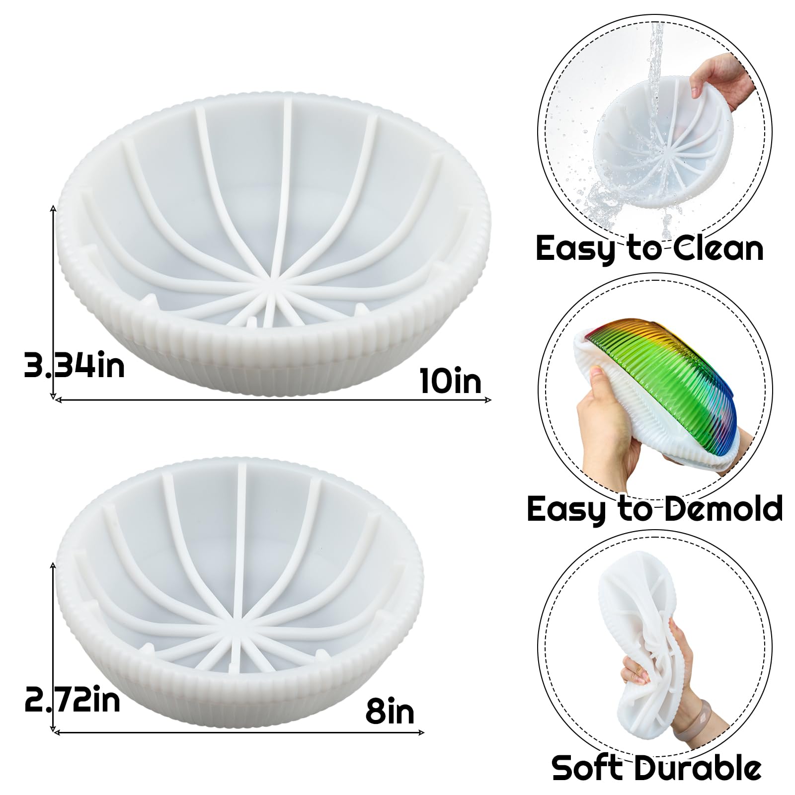 Lot de 2 grands moules en résine en silicone - 25,4 cm - 20,3 cm - Rond à rayures profondes - Moule en résine époxy pour béton - Pour pot de fleurs, bijoux, maquillage, bougies, loisirs créatifs