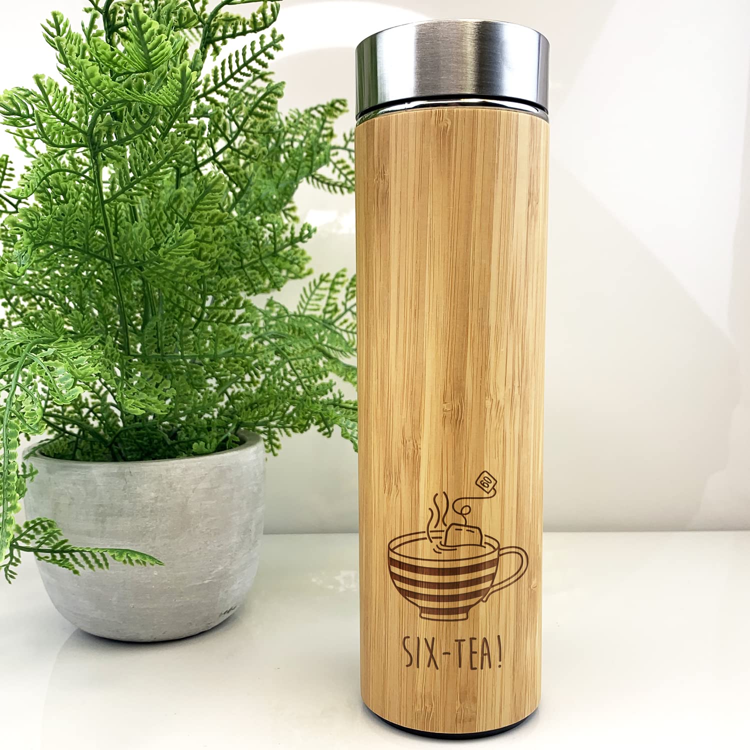 Engraved Wooden Travel Flask -SIX-Tea Design - 500ml Coffee/Tea Cup, Mug, 60th Milestone Birthday Gifts for Men, Him - Sixtieth Gift for Friend, Grandad, Dad, Husband