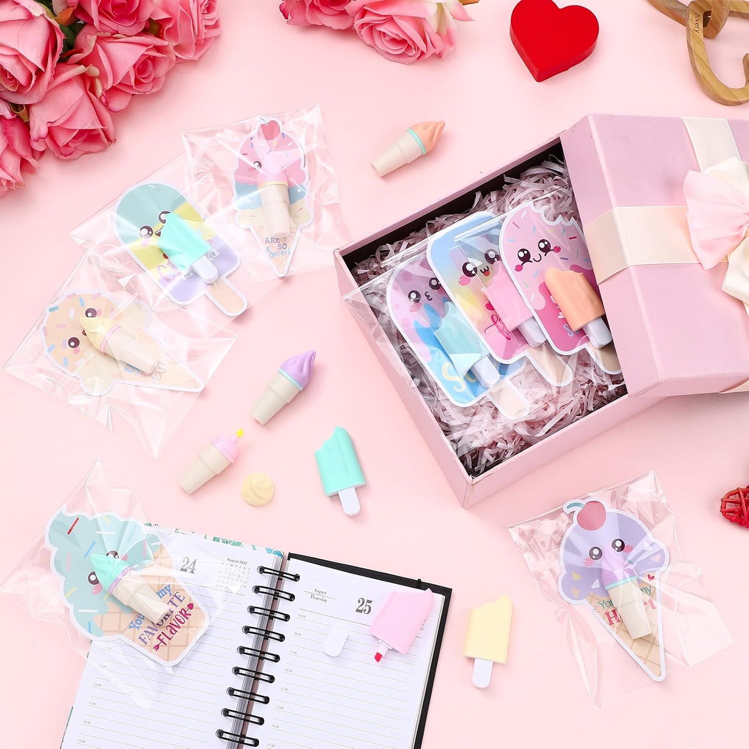 Glenmal 30 Sets Valentines Mini Highlighter Marker Pens DIY Crafts Kits with Ice Cream Shaped Cards for Party Favors Supplies Prizes