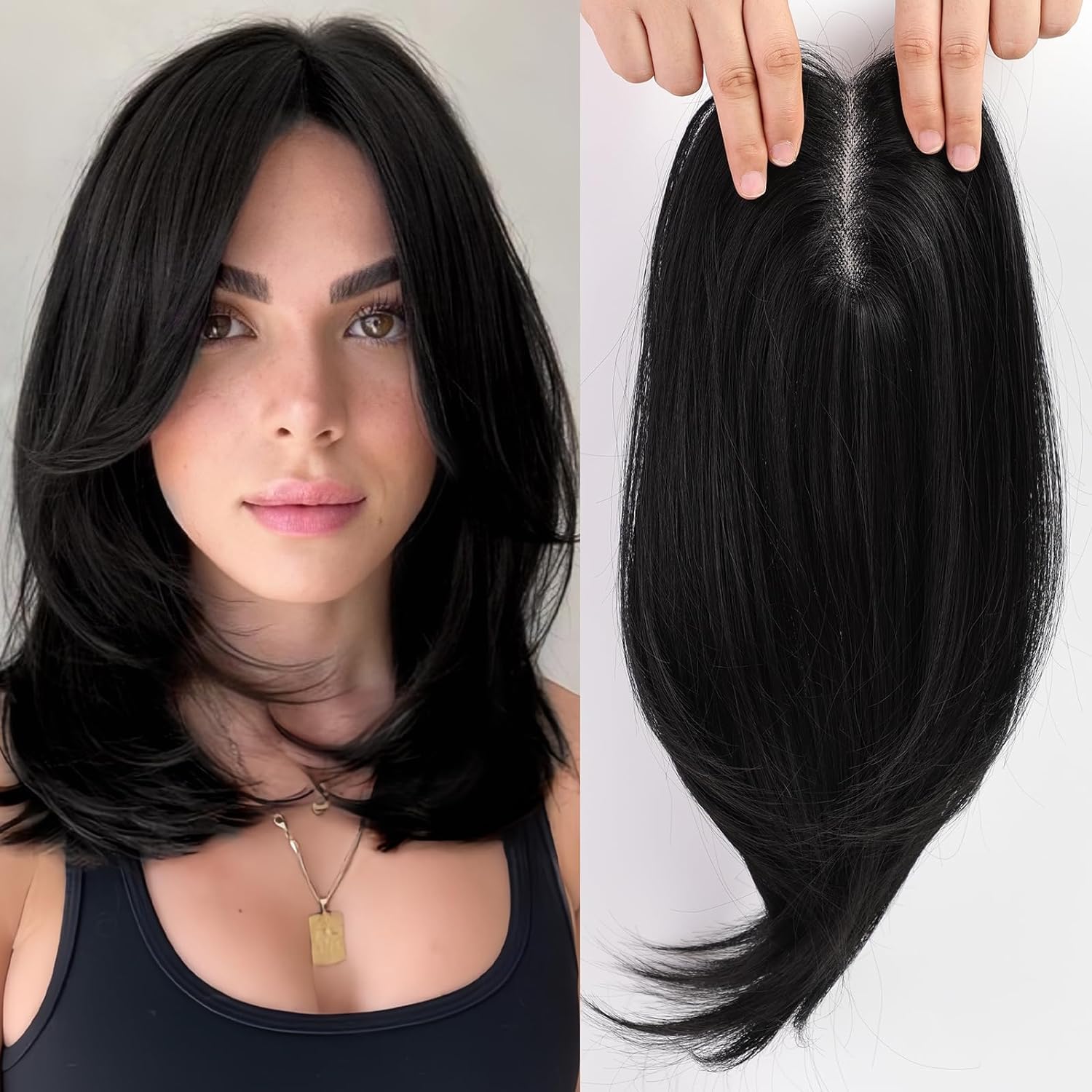 EMMOR 14 Inch Black Hair Toppers for Women Synthetic Hair Toppers Hair Pieces Swiss Base with 3 Clips in Wiglets Toppers for Women with Thinning Hair Grey Hair Hair Loss