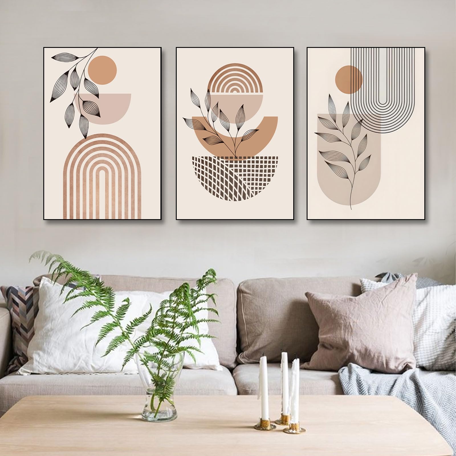 BNREDA Juego de 3 pósteres bohemios, línea abstracta en lienzo, arte de pared, póster moderno de línea geométrica, decoración para salón, dormitorio y sin marco (A, 60 x 90 cm x 3, sin marco)