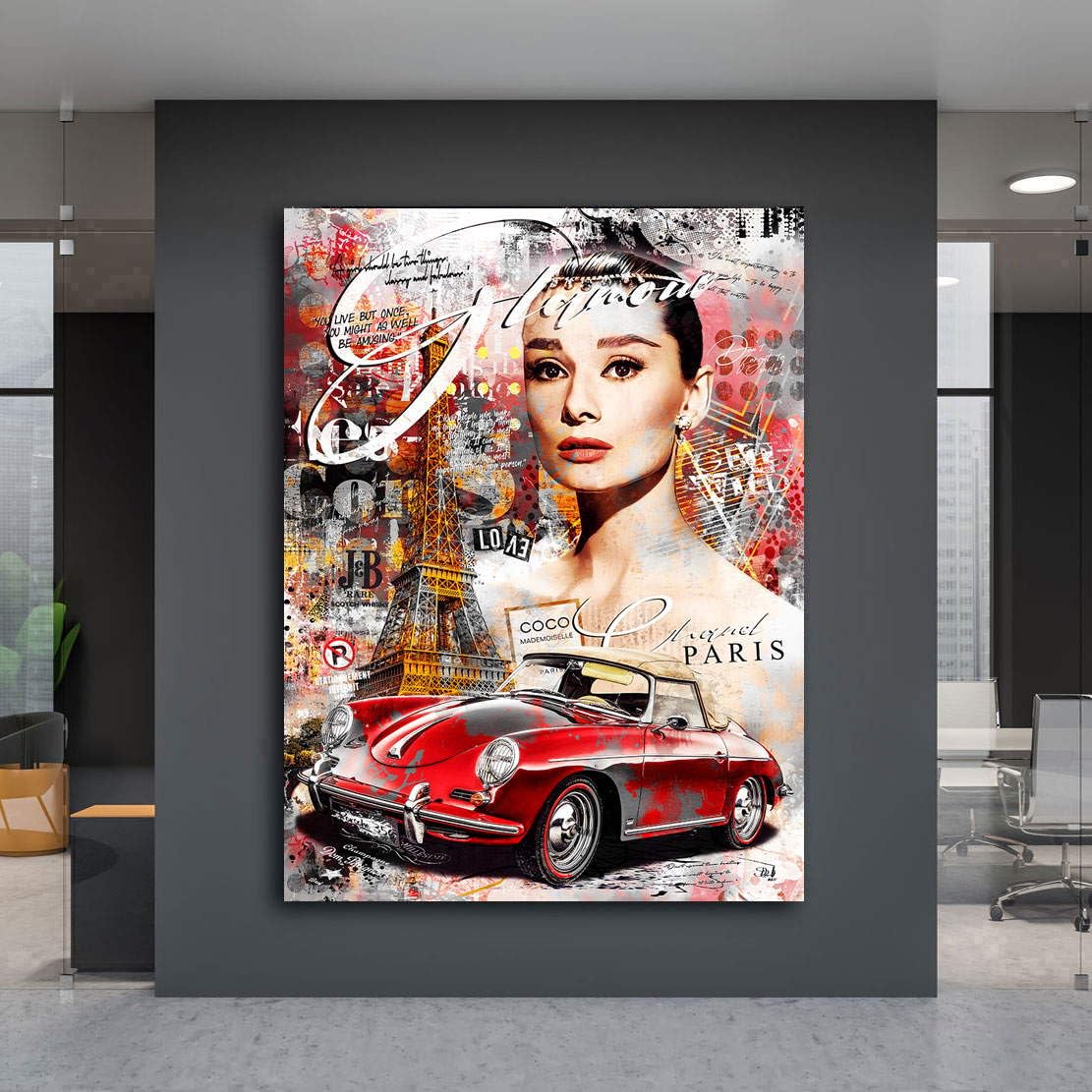 Kunstgestalten24 | Audrey Hepburn Paris | Kunst Pop Art Bild | Auto Speddster | Wohnzimmer bilder | Wandbilder | Wanddeko | XXL Bilder auf Leinwand | Moderne Bilder |