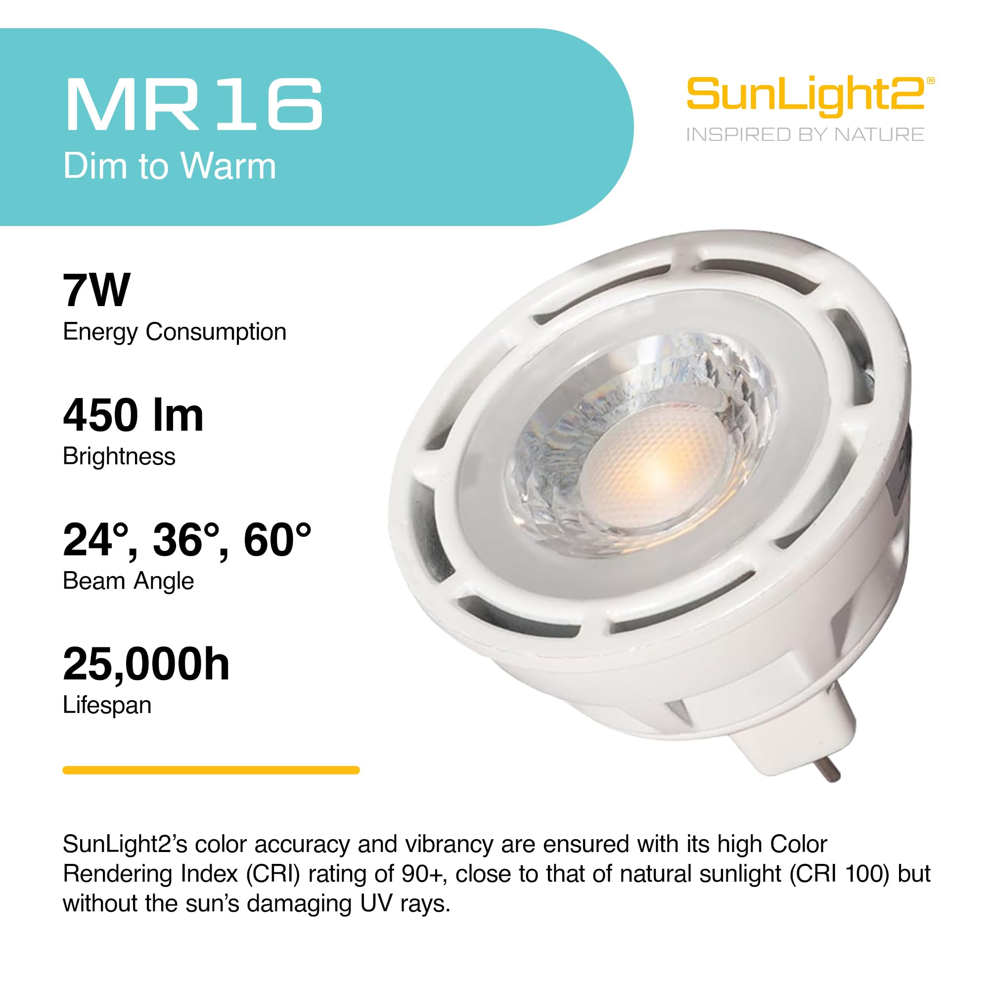 SunLight2® Premium Edition | MR16 LED Bulb 7W | 12V AC | 3000K to