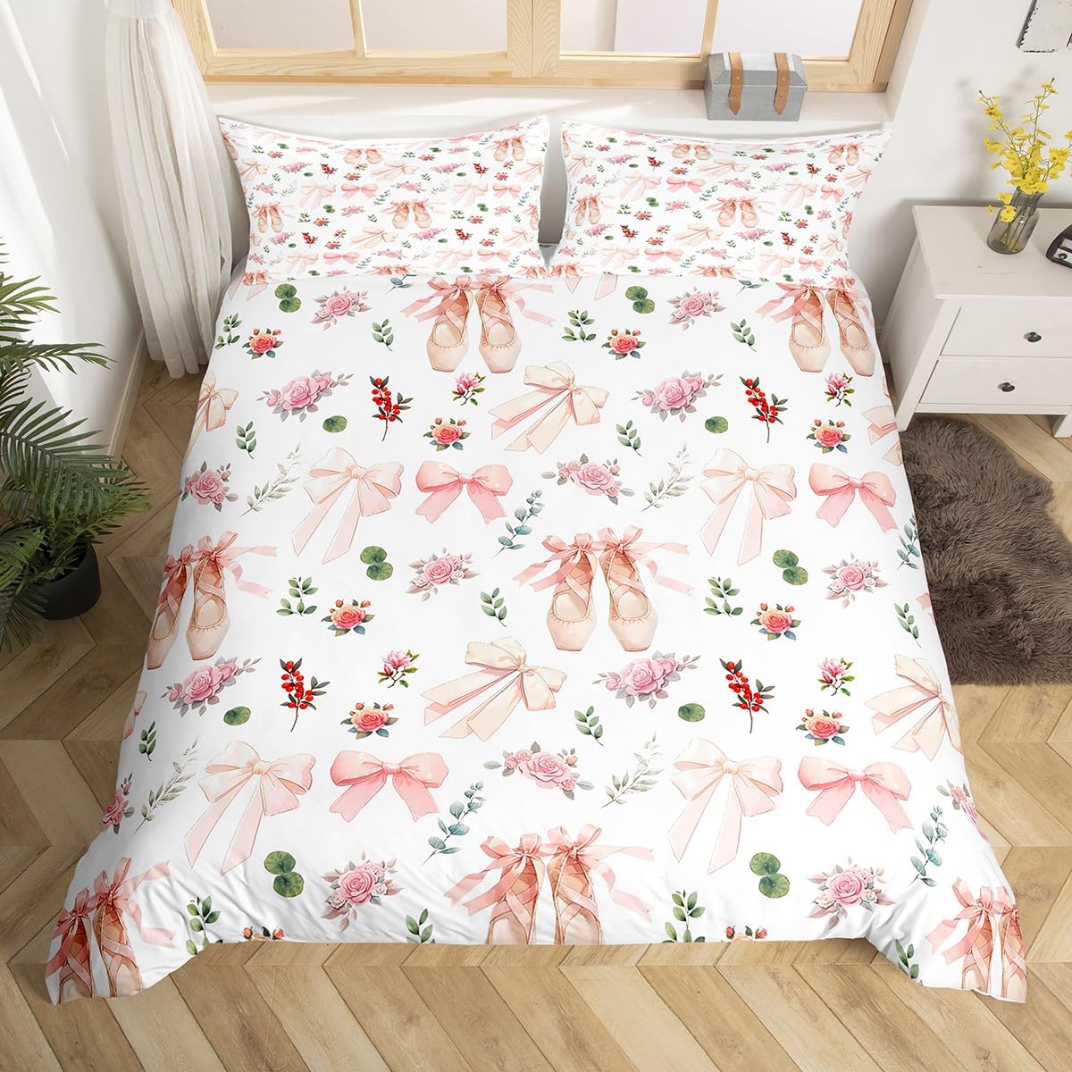 Loussiesd Pink Flower Duvet Cover Exquisite Dance Shoes Bedding Set Double Size for Kids Boys Girls Gentle Bow Princess Style Bedroom Decor Microfiber 3 Pcs with 2 Pillow Cases