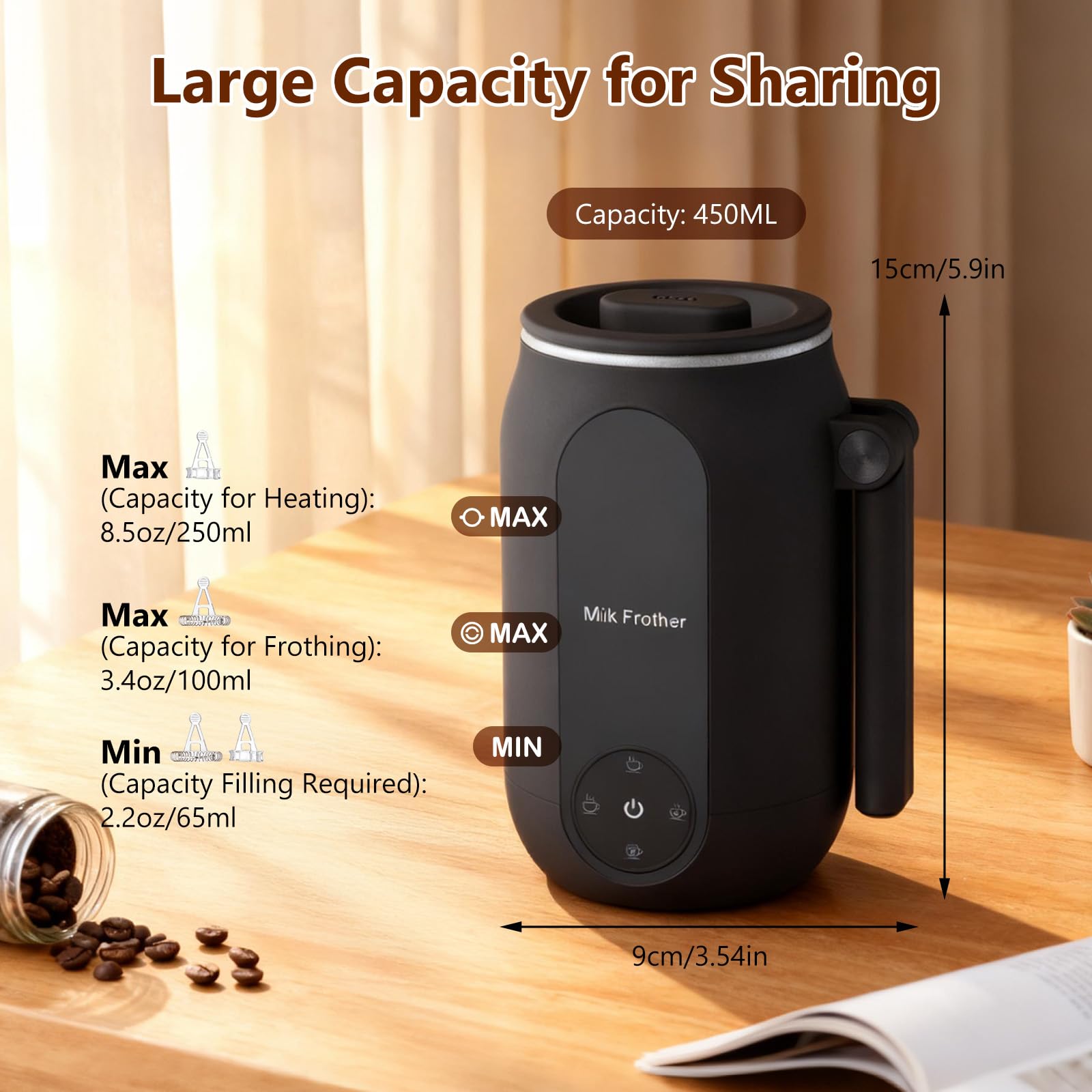 Montalatte e Schiumatore, Montalatte Elettrico 4 in 1 con Controllo Touch Intelligente e Manico Pieghevole Macchina per Schiuma Calda e Fredda per Caffè Latte Macchiato e Cioccolata Calda