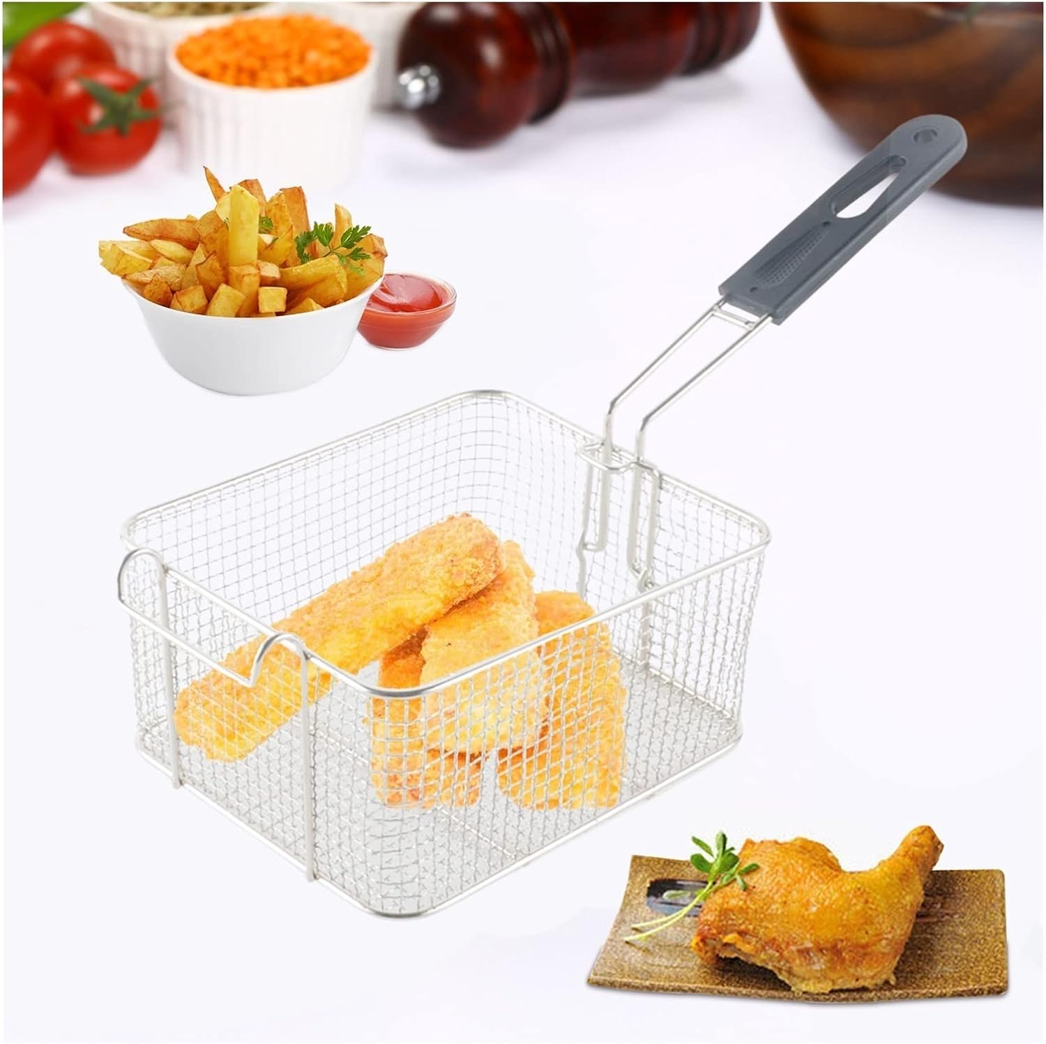 Fryer Basket, Fryer Basket/Skimmer Spoon Stainless Steel Kitchen Steel French Fries Basket Mesh Fry Tool Colander Fry Fryer Cooking Fry Basket Strainer Gadget Strainer Basket